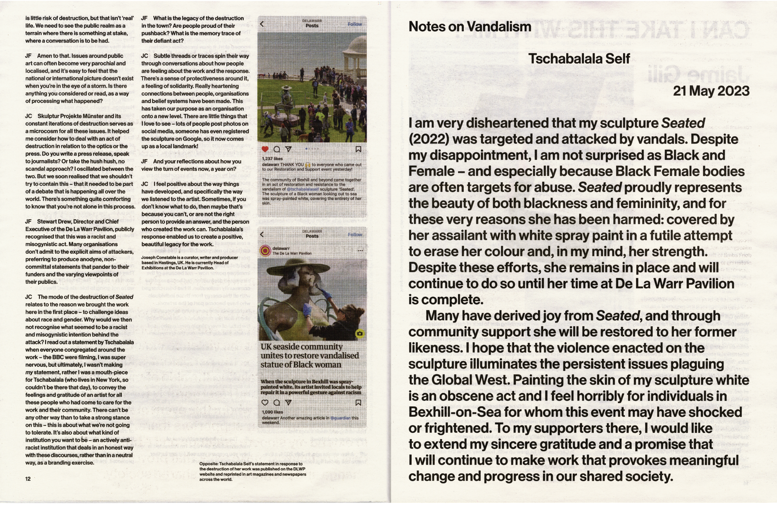 A page spread titled 'Notes on Vandalism,' featuring artist Tschabalala Self's statement about her sculpture 'Seated' being vandalized with white paint, and other articles discussing art vandalism.