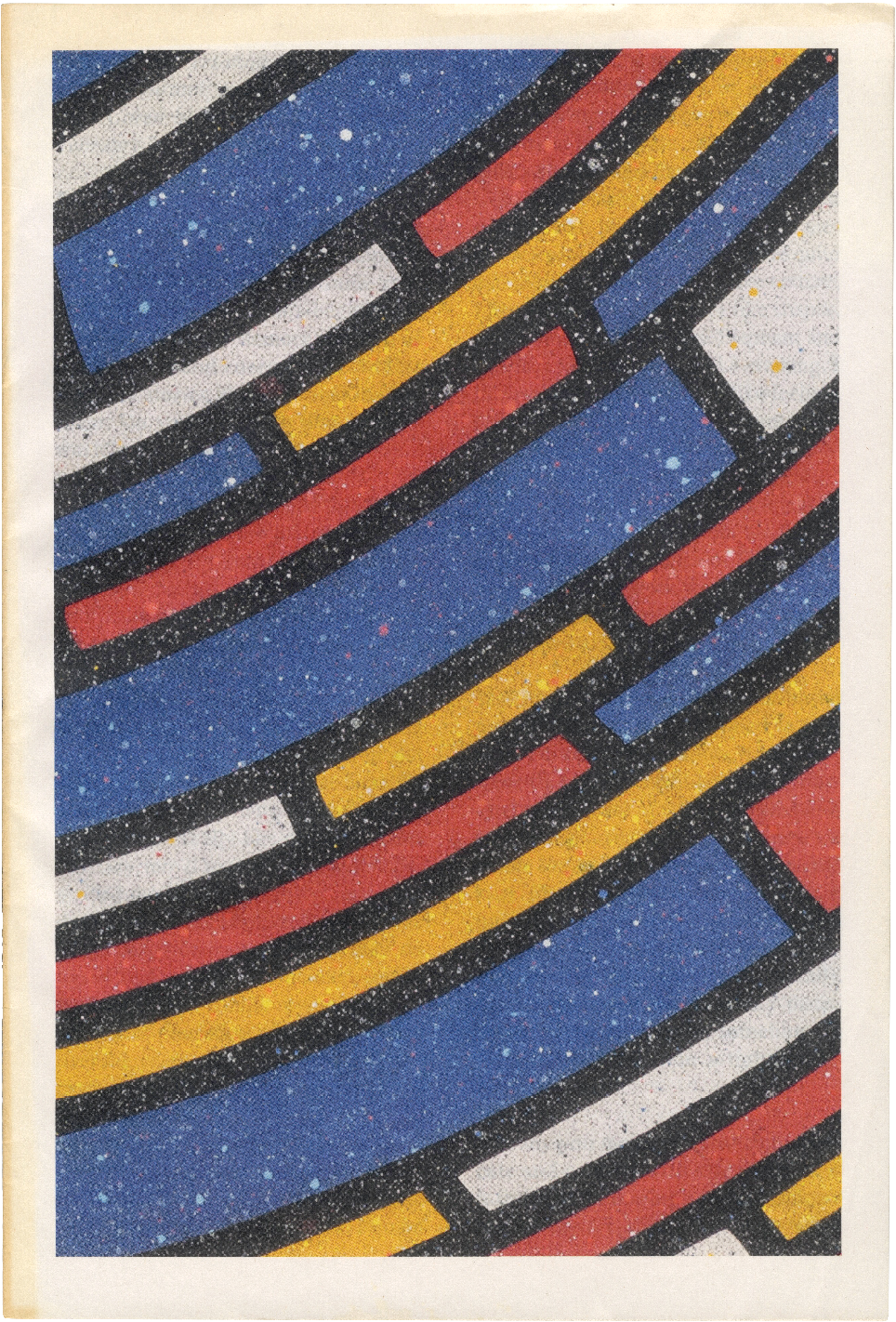 Abstract pattern with speckled blue, red, yellow, and white curved and straight bands, separated by black.