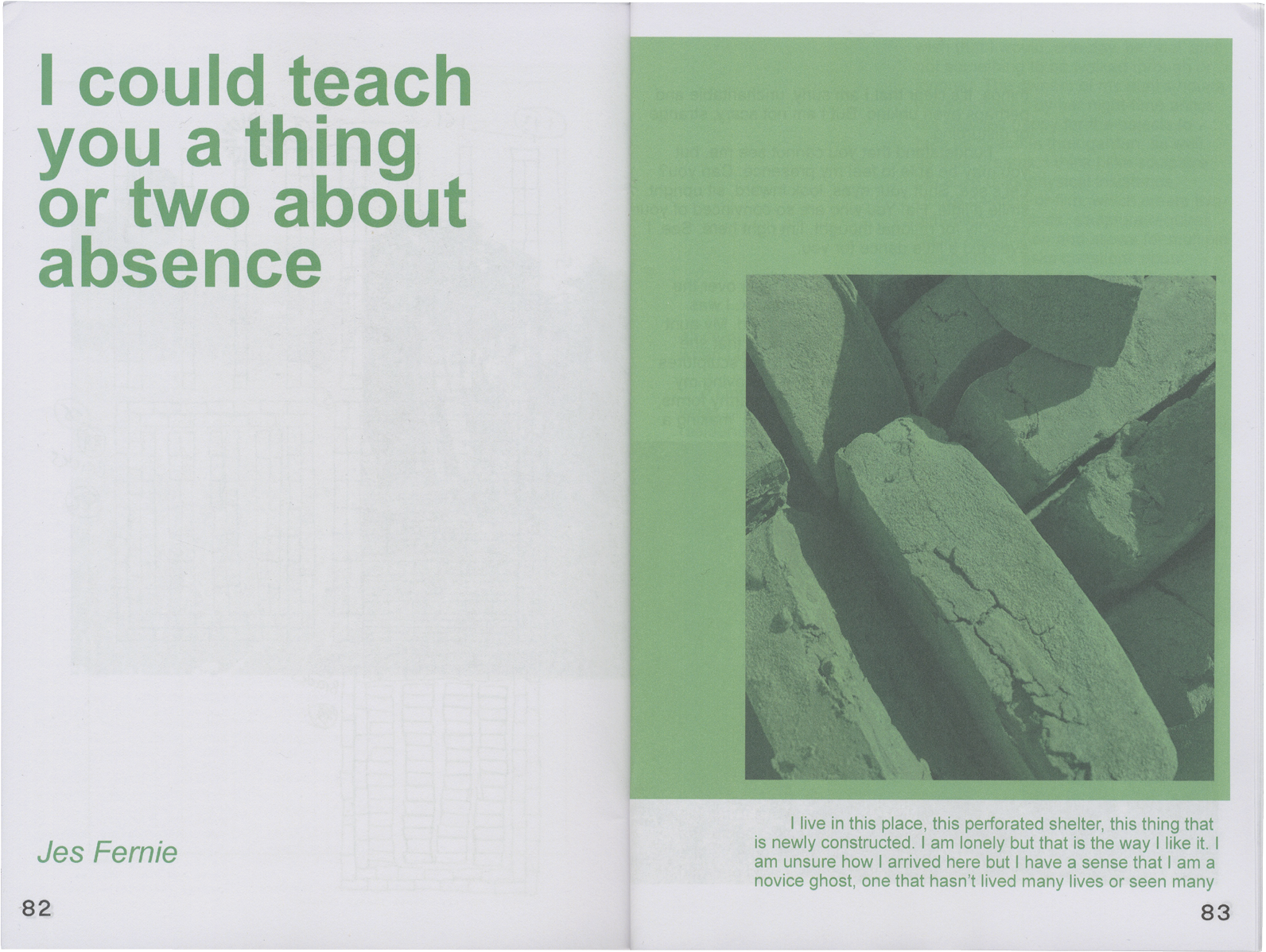 An open book spread with green text 'I could teach you a thing or two about absence' by Jes Fernie on the left, and a green-tinted photo of stacked rocks with more text on the right.