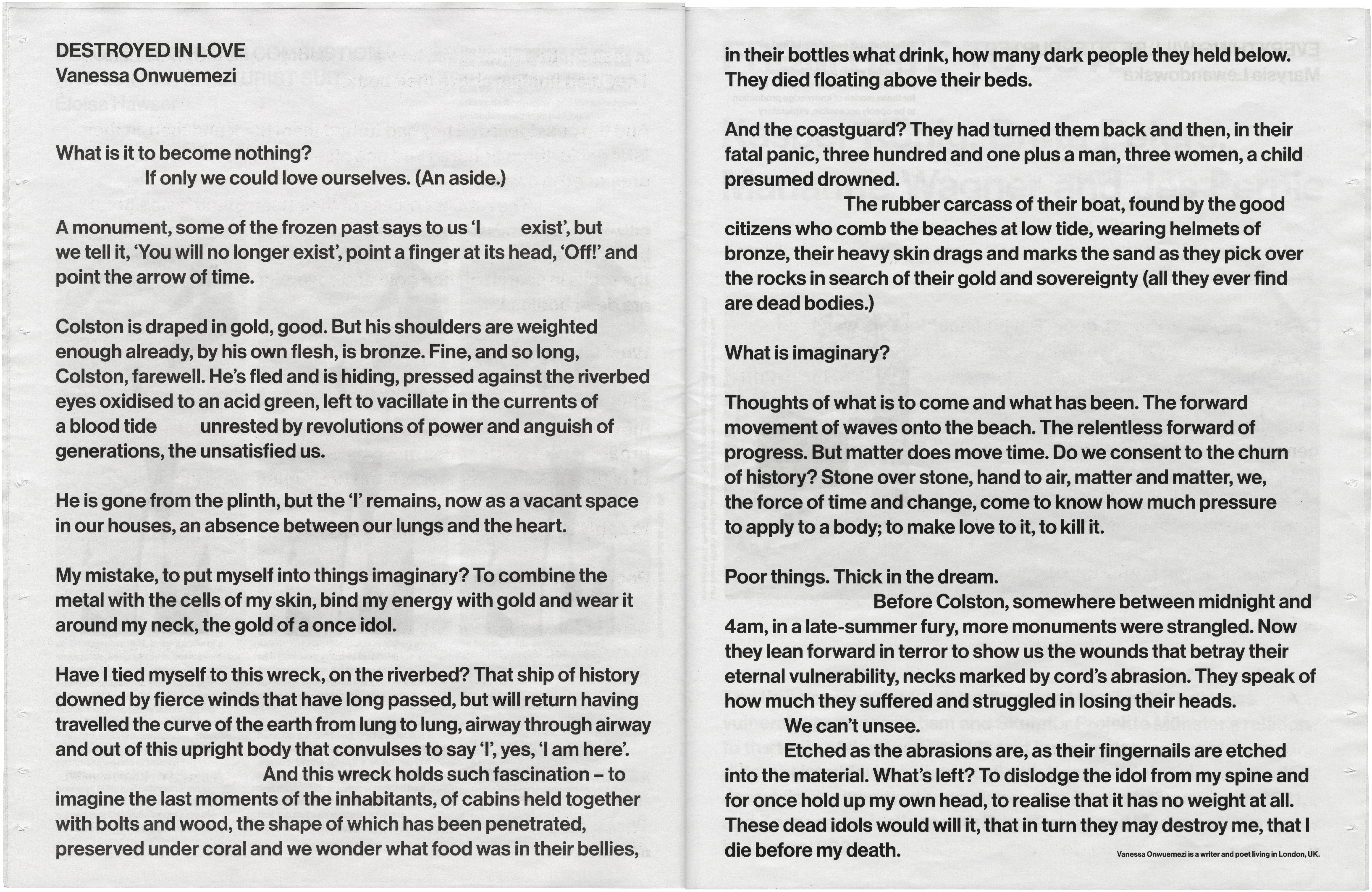 A page of text titled "DESTROYED IN LOVE" by Vanessa Omwuemezi, set in two columns.