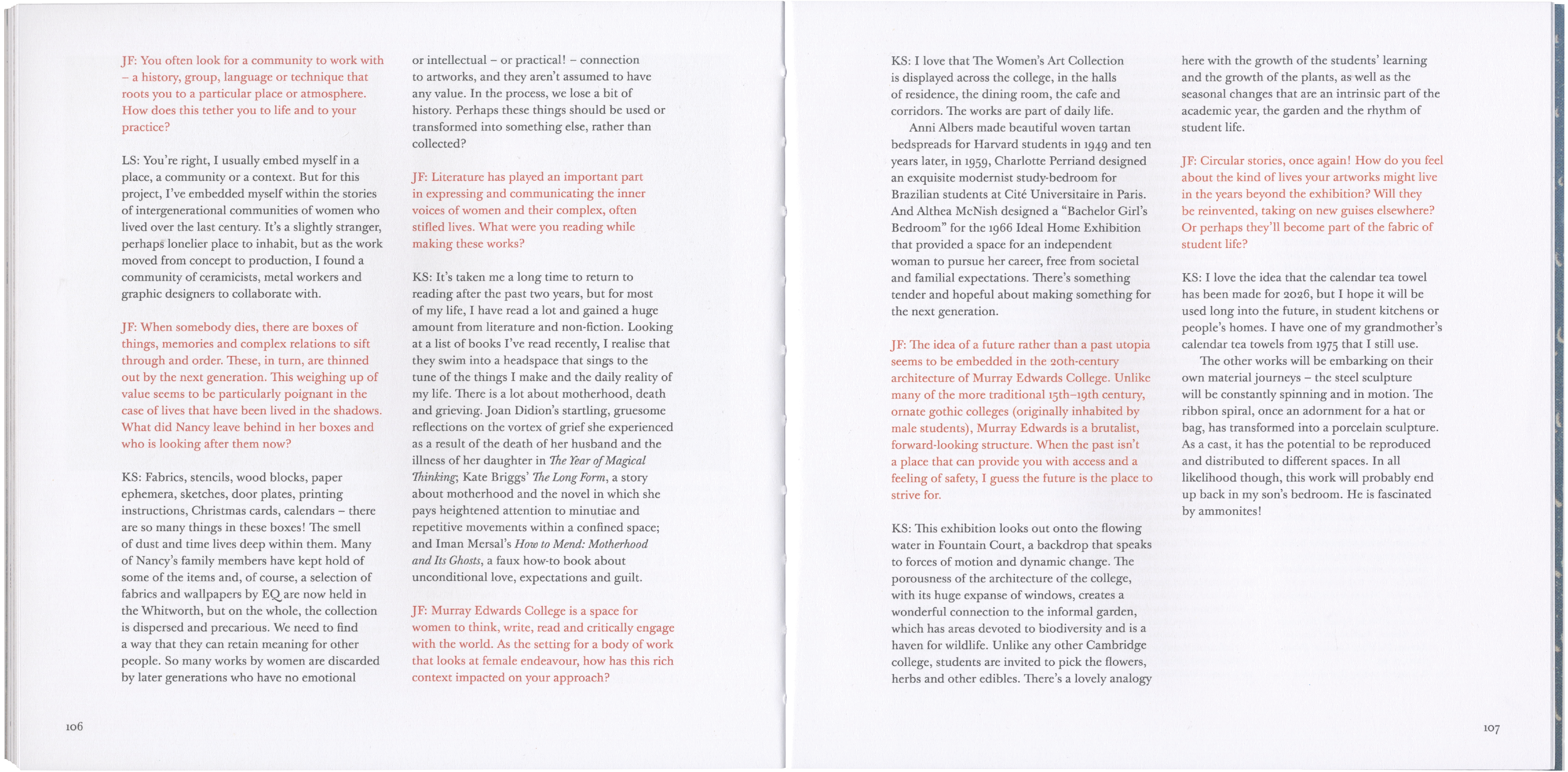 Two pages of text from a book or publication, with some phrases highlighted in red.