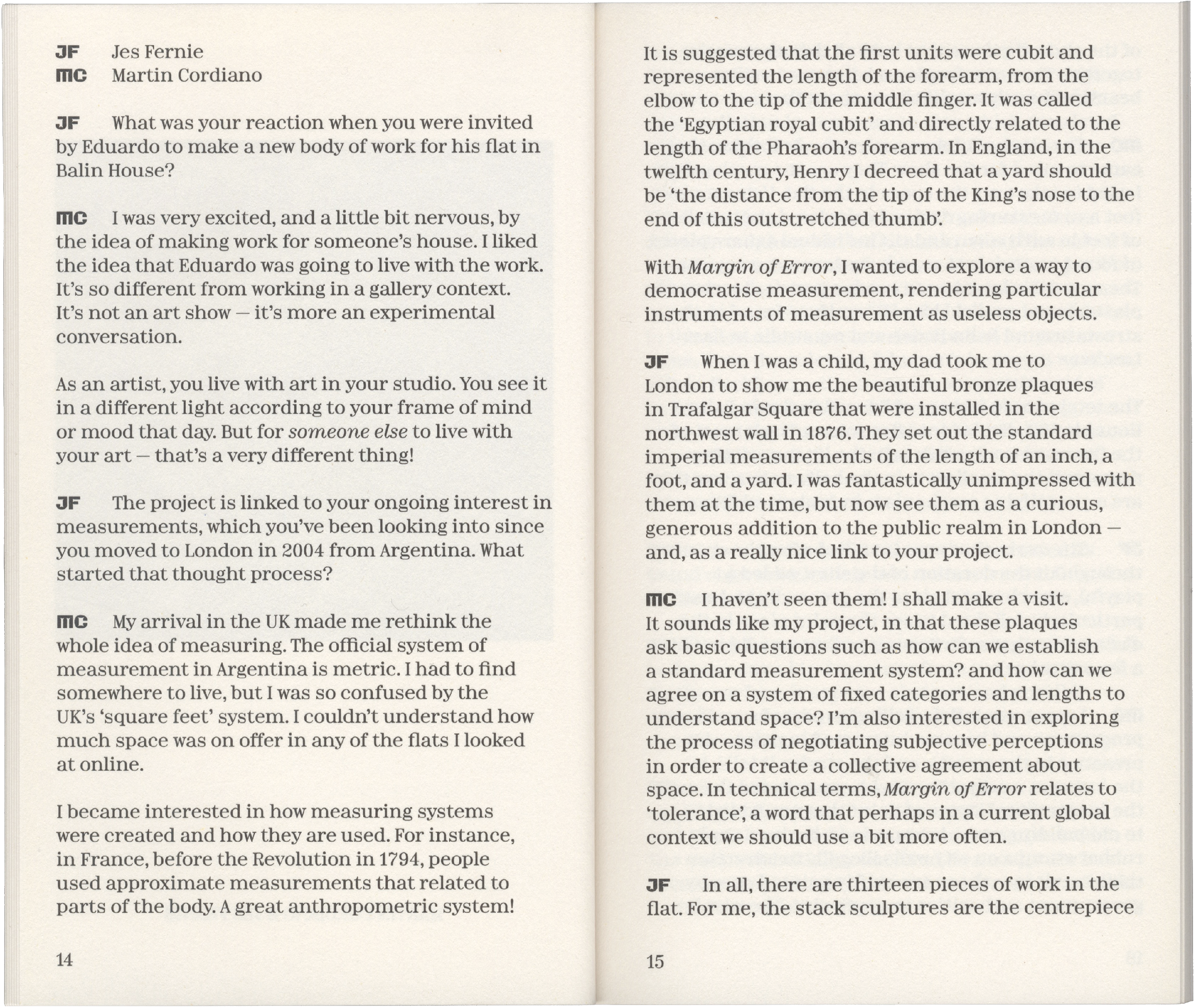 Two open pages of a book showing text content on a light background, with page numbers 14 and 15 visible at the bottom.
