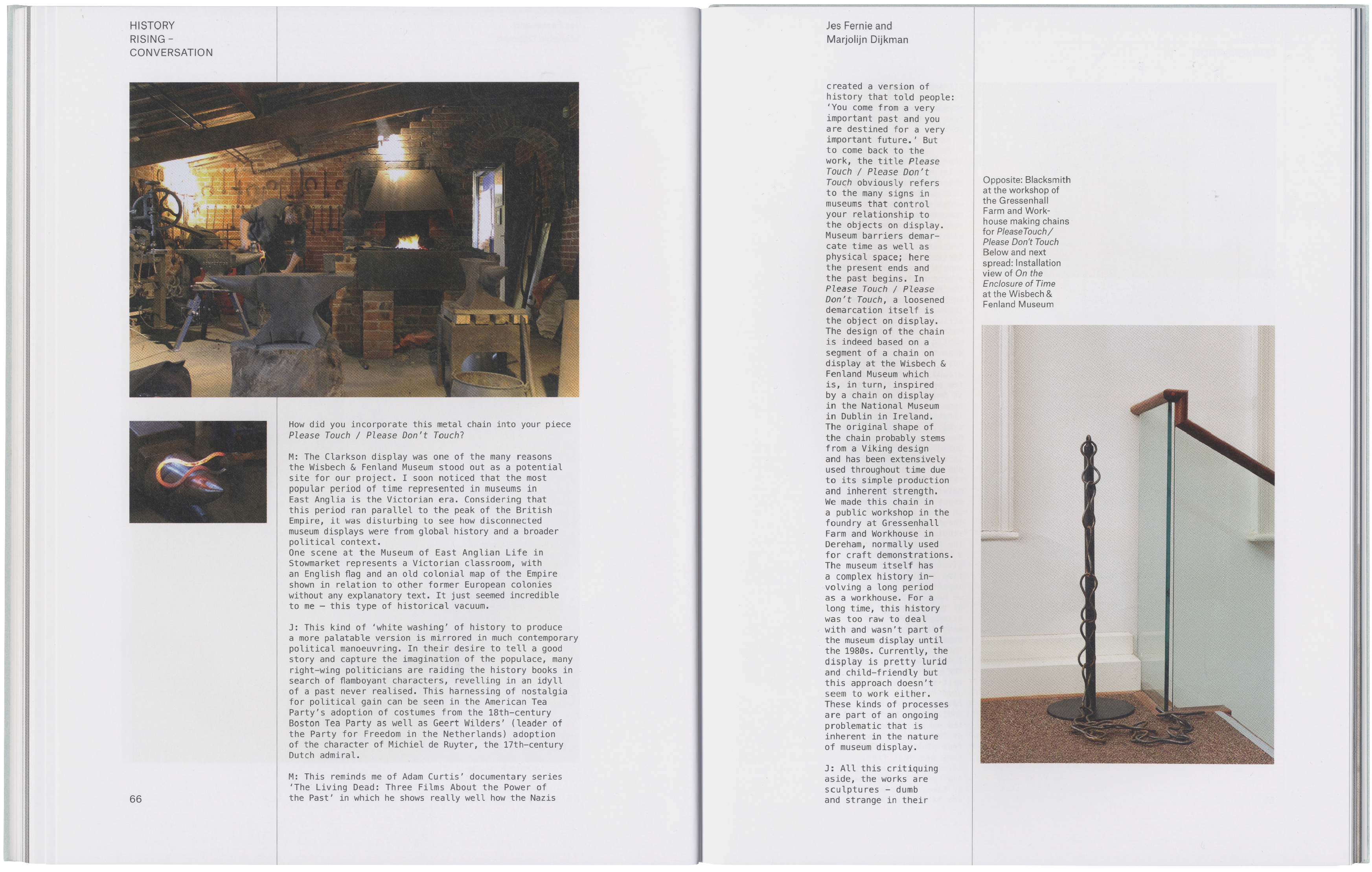 A two-page spread from an art catalog, featuring a historical forge scene on the left and a tall metal ring sculpture in a gallery on the right, surrounded by descriptive text.