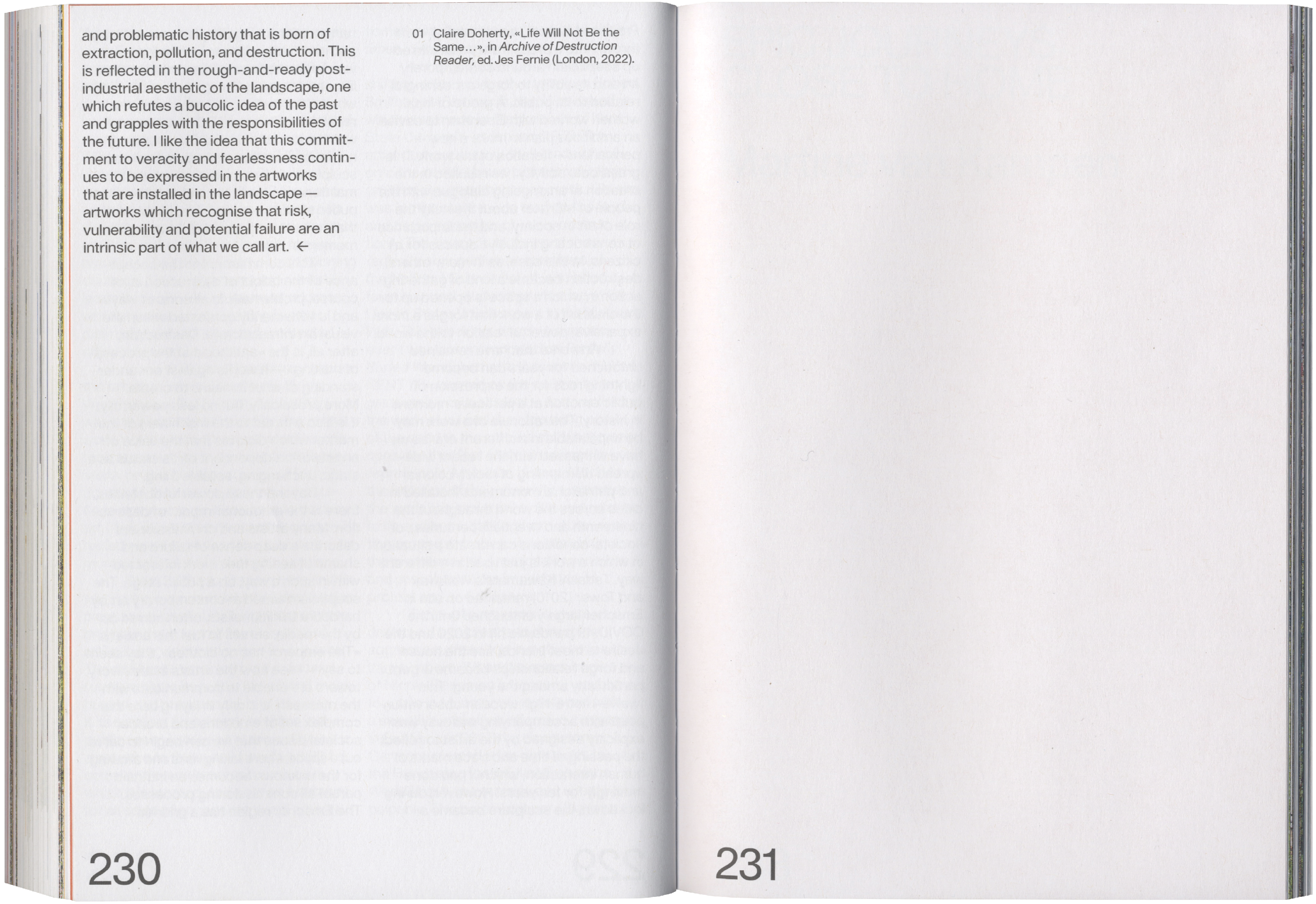 An open book showing pages 230 and 231. Page 230 contains a paragraph of text and a citation; page 231 is blank.