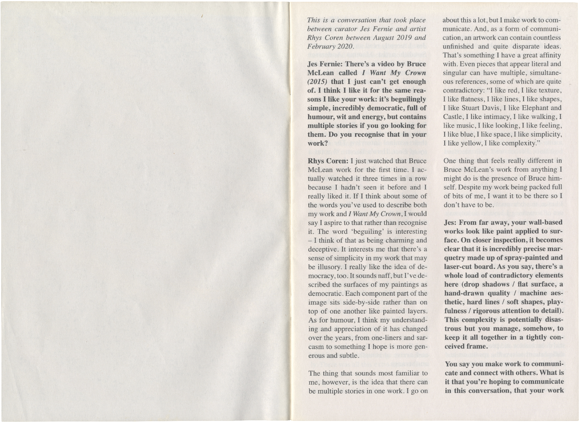 An open book or document with a blank off-white left page and a right page filled with columns of black text.