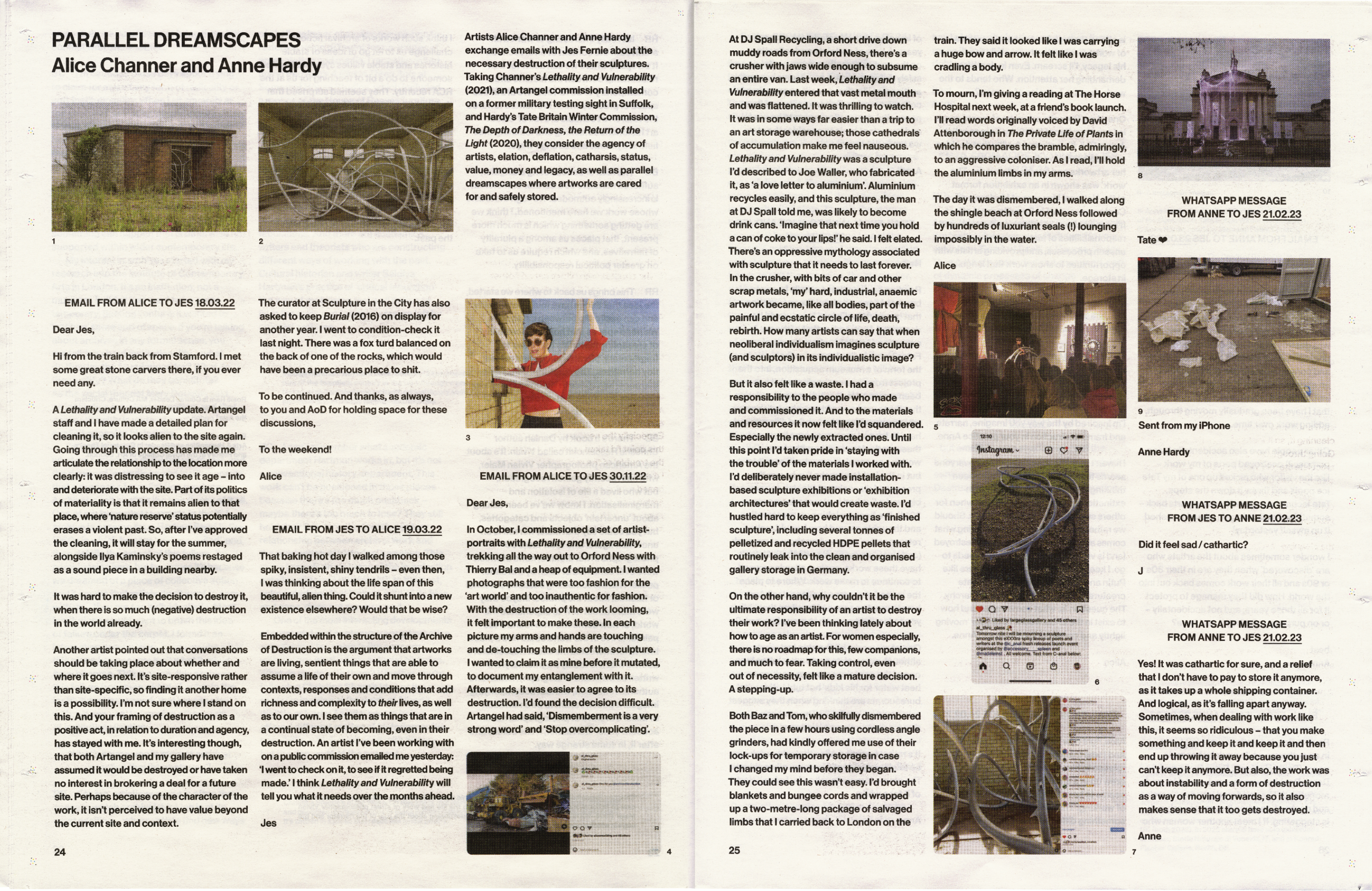 A printed page titled "PARALLEL DREAMSCAPES Alice Channer and Anne Hardy" displays multiple photographs of abstract art, buildings, and text excerpts.