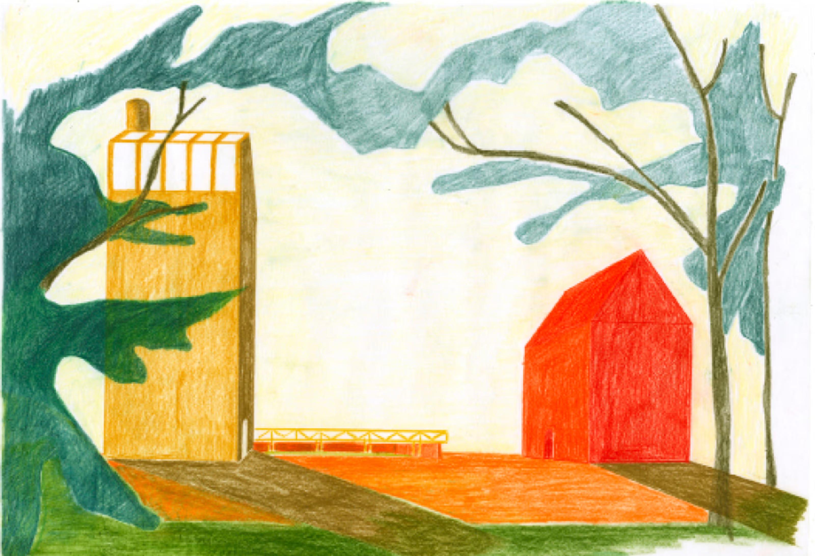 Stylized colored pencil drawing of a tall yellow-orange building and a red house, framed by trees.