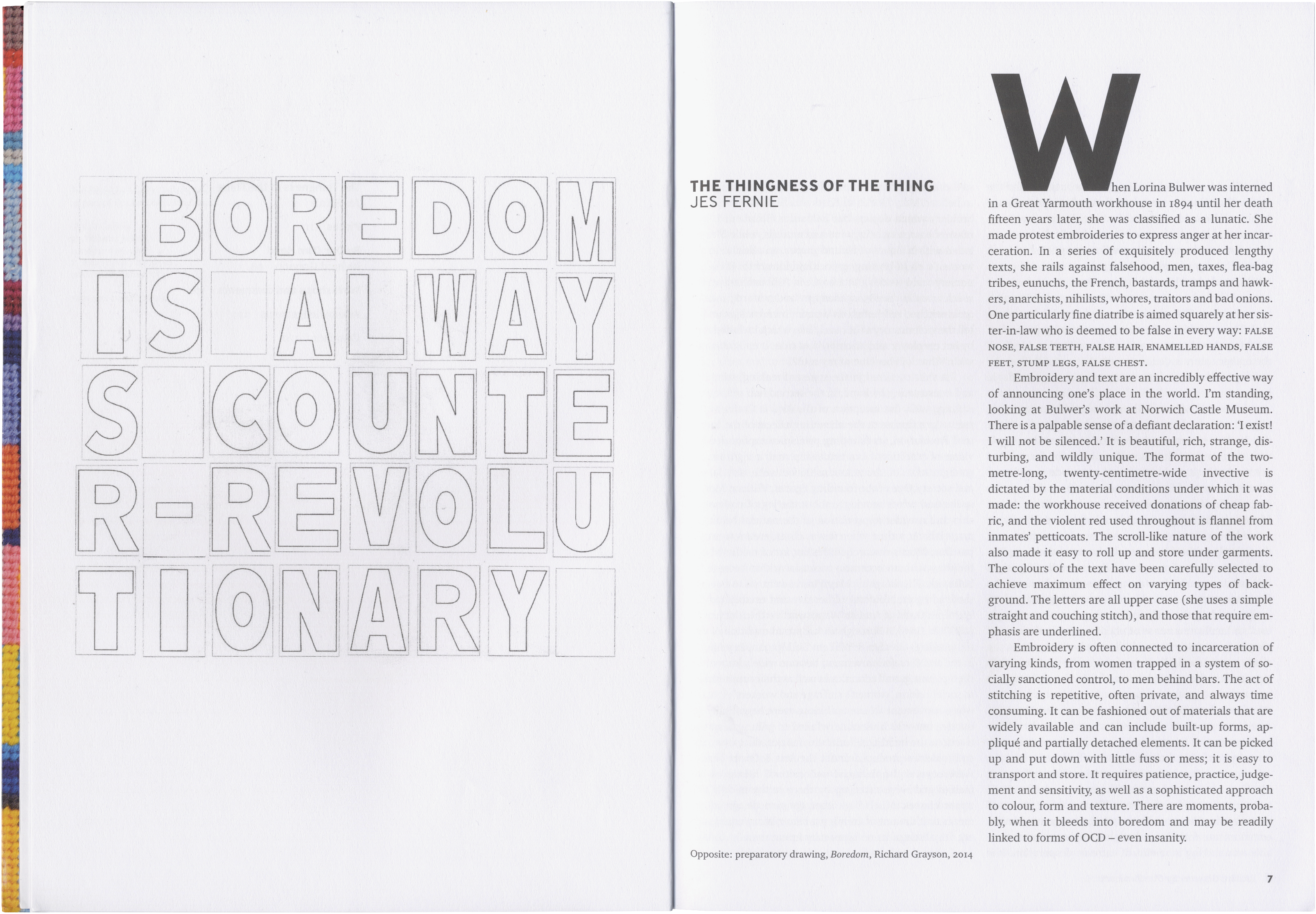 An open book spread with a grid of outlined letters spelling "BOREDOM IS ALWAYS COUNTER-REVOLUTIONARY" on the left, and an essay with a large "W" and title on the right.