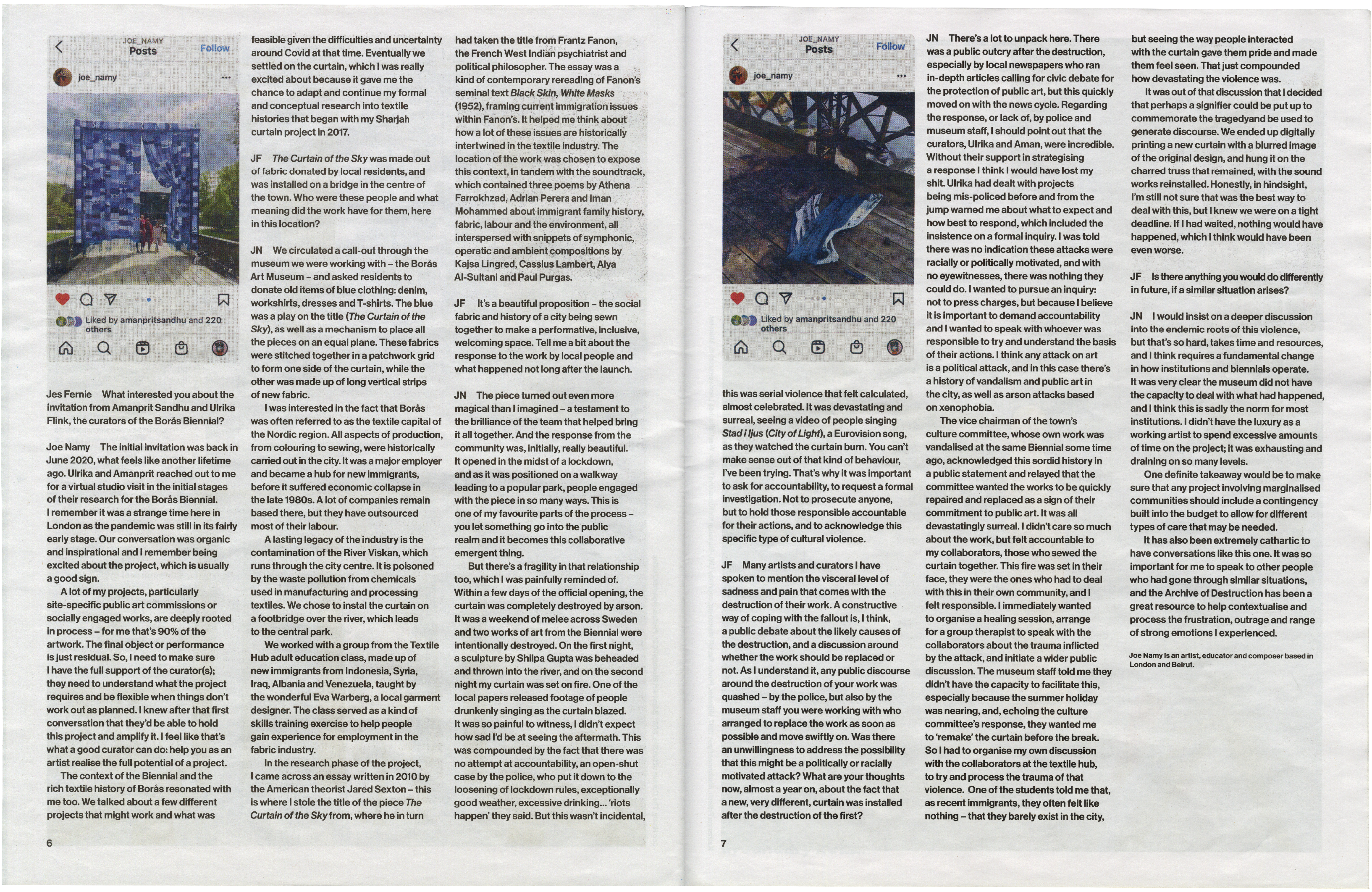 A two-page article with an outdoor art installation made of blue fabric curtains on the left, and a blue fabric sculpture resembling a bird on the right.
