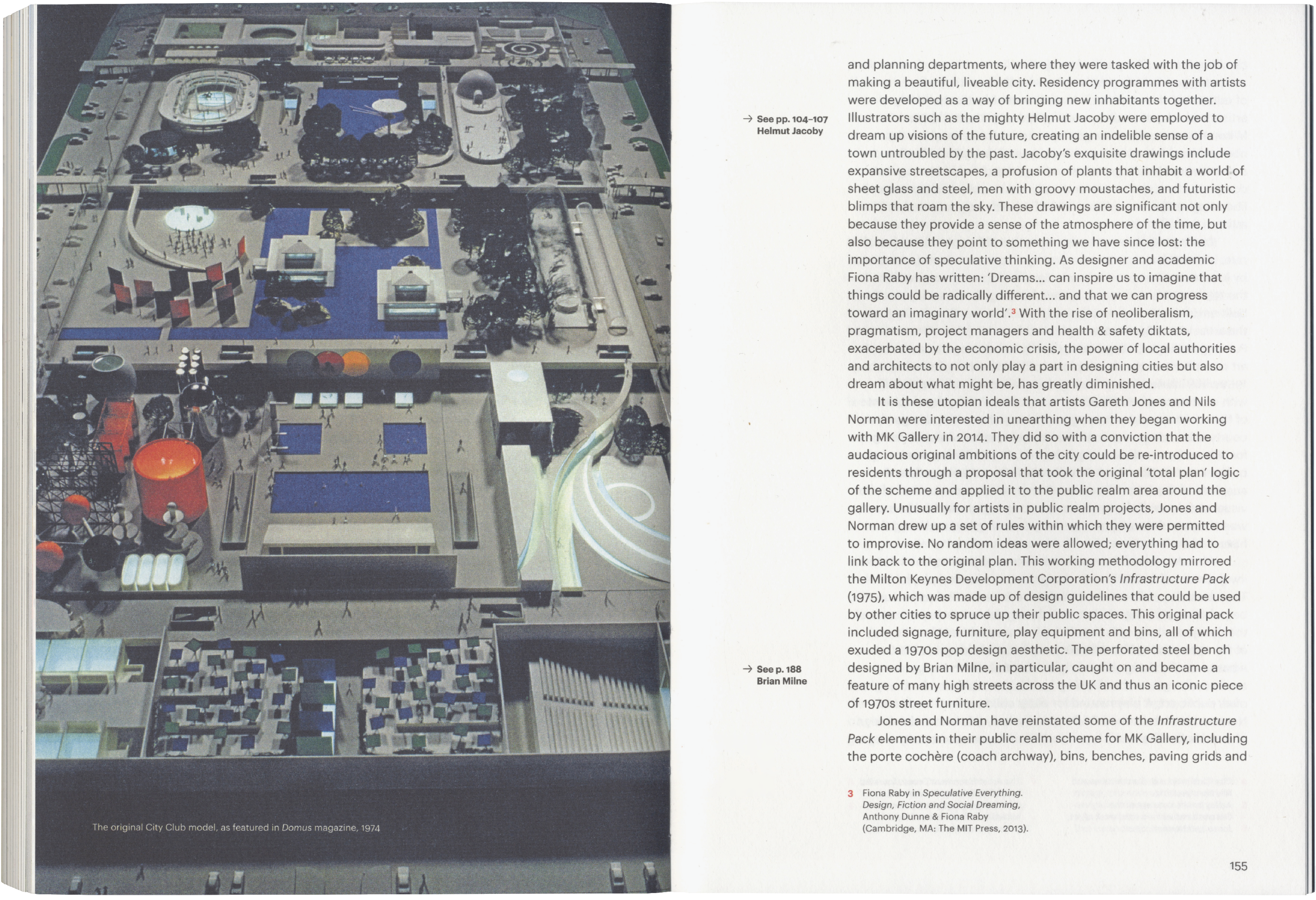Left page of an open book shows a detailed aerial view of the 'City Club Model,' featuring a modern city with diverse buildings, parks, and water features; right page has dense text.
