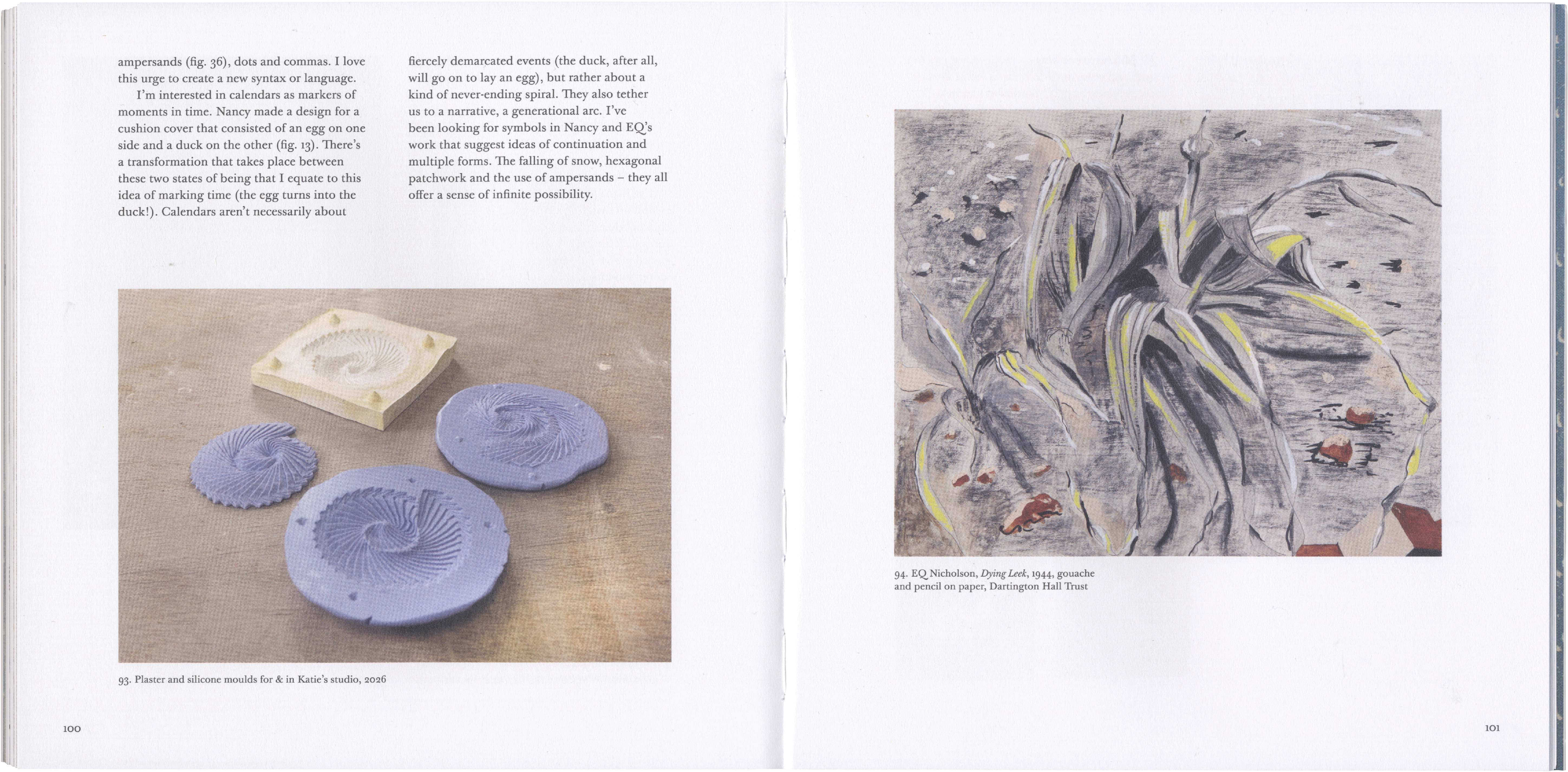 An open book showing a photo of plaster and silicone molds with spiral patterns on the left page, and an abstract painting with swirling grey, yellow, and red plant-like forms on the right page.