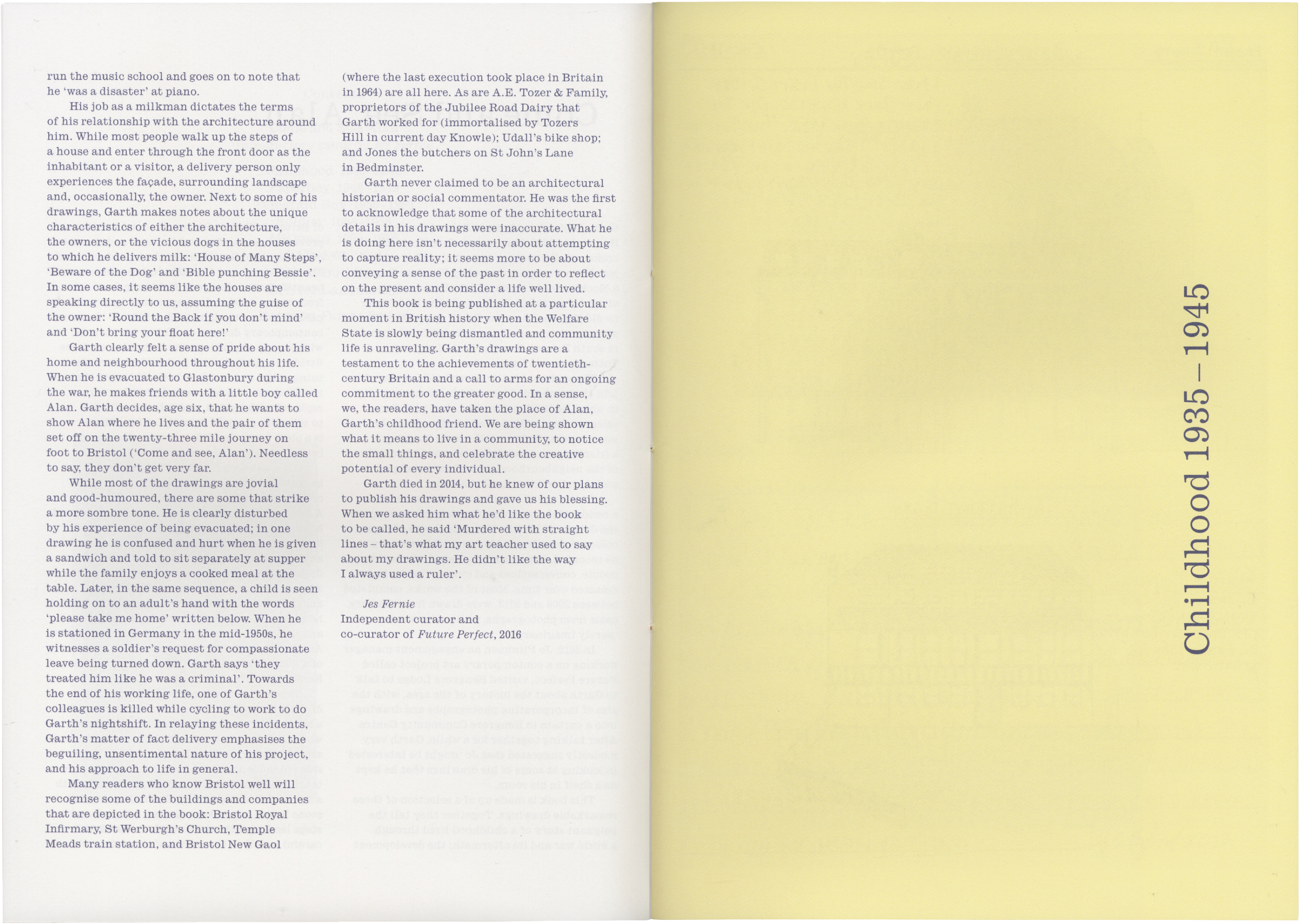 An open book showing two columns of text on the left page and the title "Childhood 1935–1945" written vertically on the right, blank page.