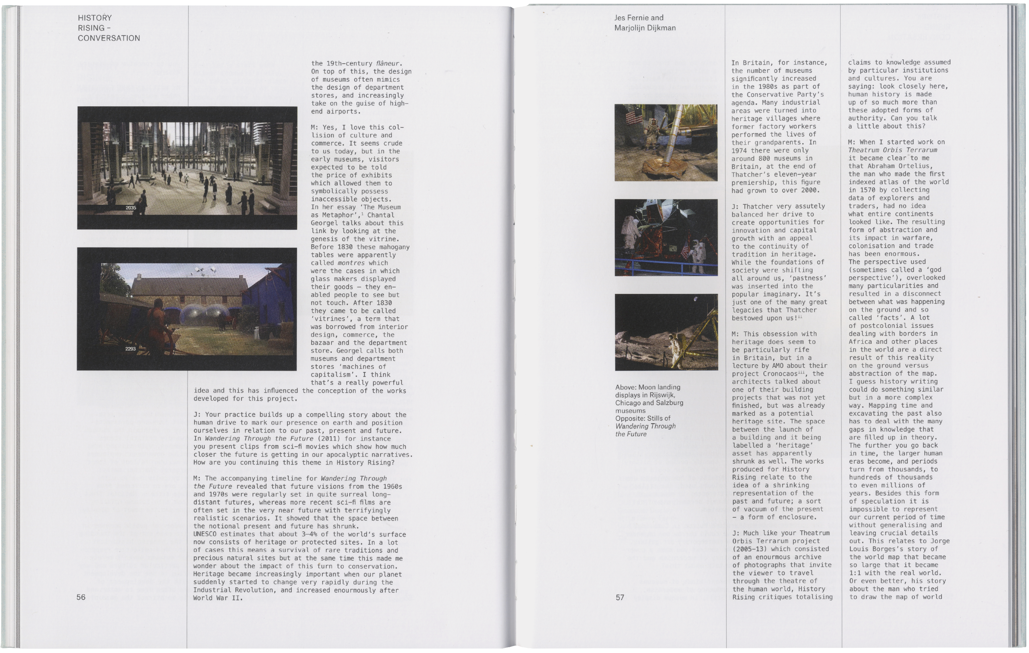 An open book spread with text and five photographs depicting architecture, people, and a stone sculpture.