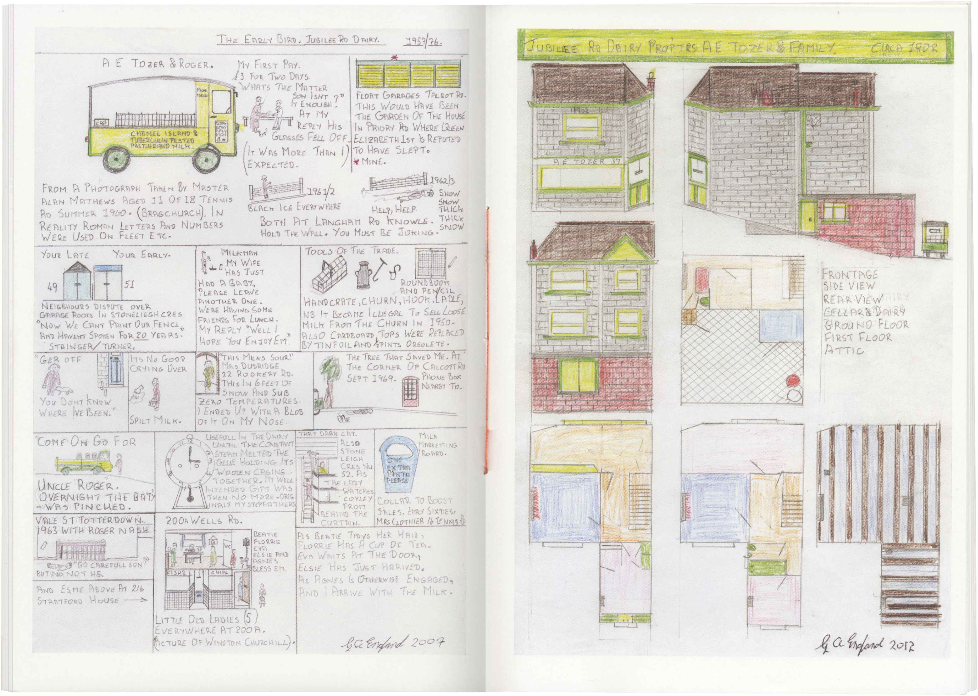 An open journal displays a hand-drawn illustrated narrative on the left page, and colored architectural house plans with elevations and floor plans on the right page.