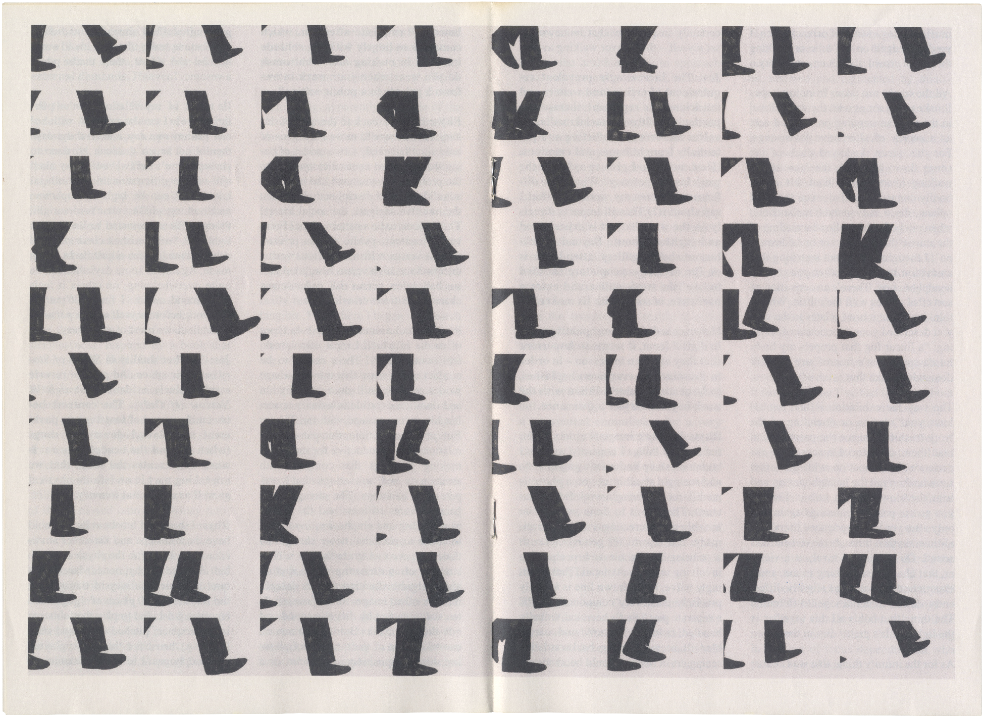 A grid of black leg and foot silhouettes in various walking poses on a white background, spanning two pages.