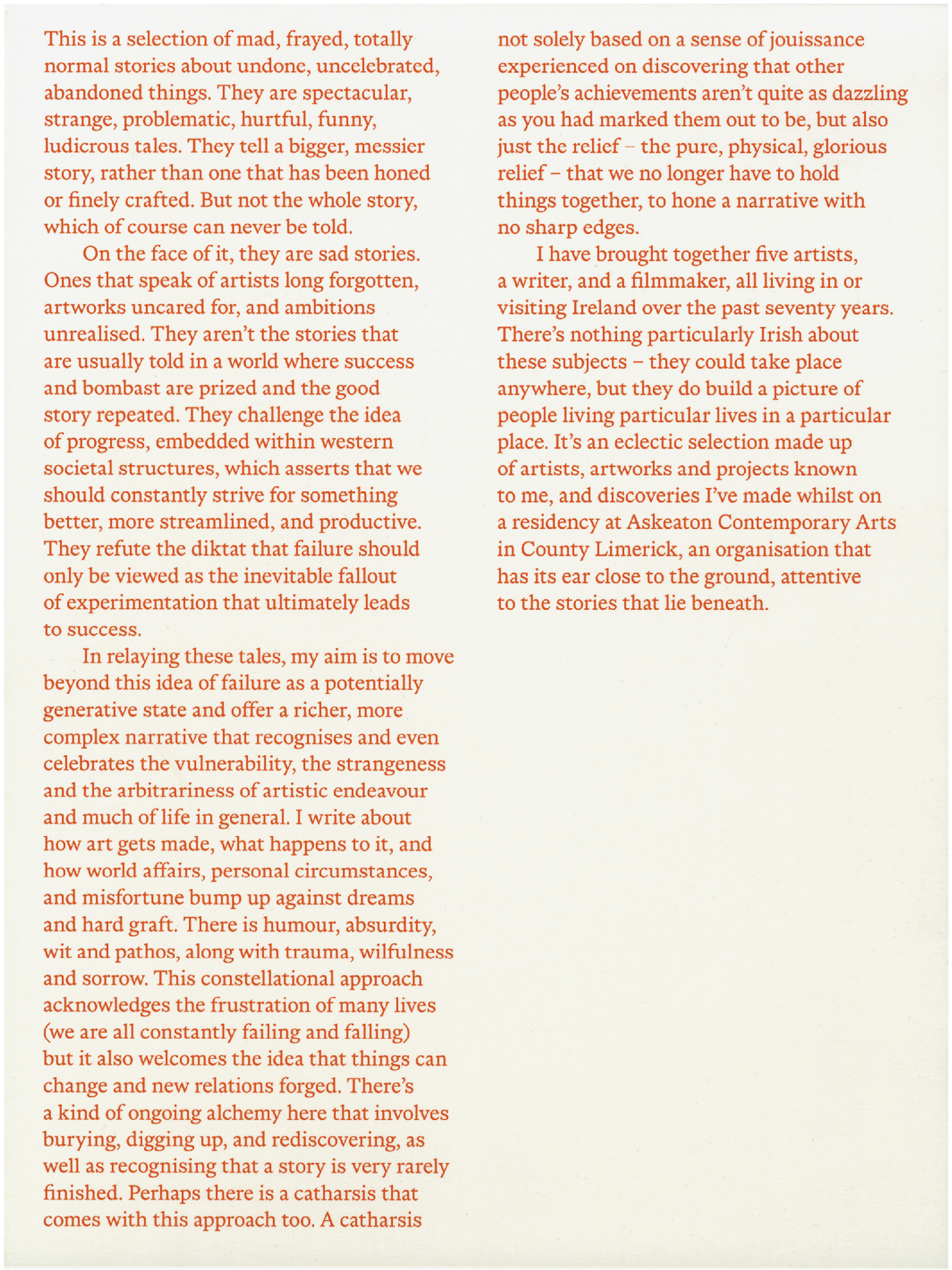 A page with three columns of orange text on an off-white background, featuring varying paragraph lengths and indentations.