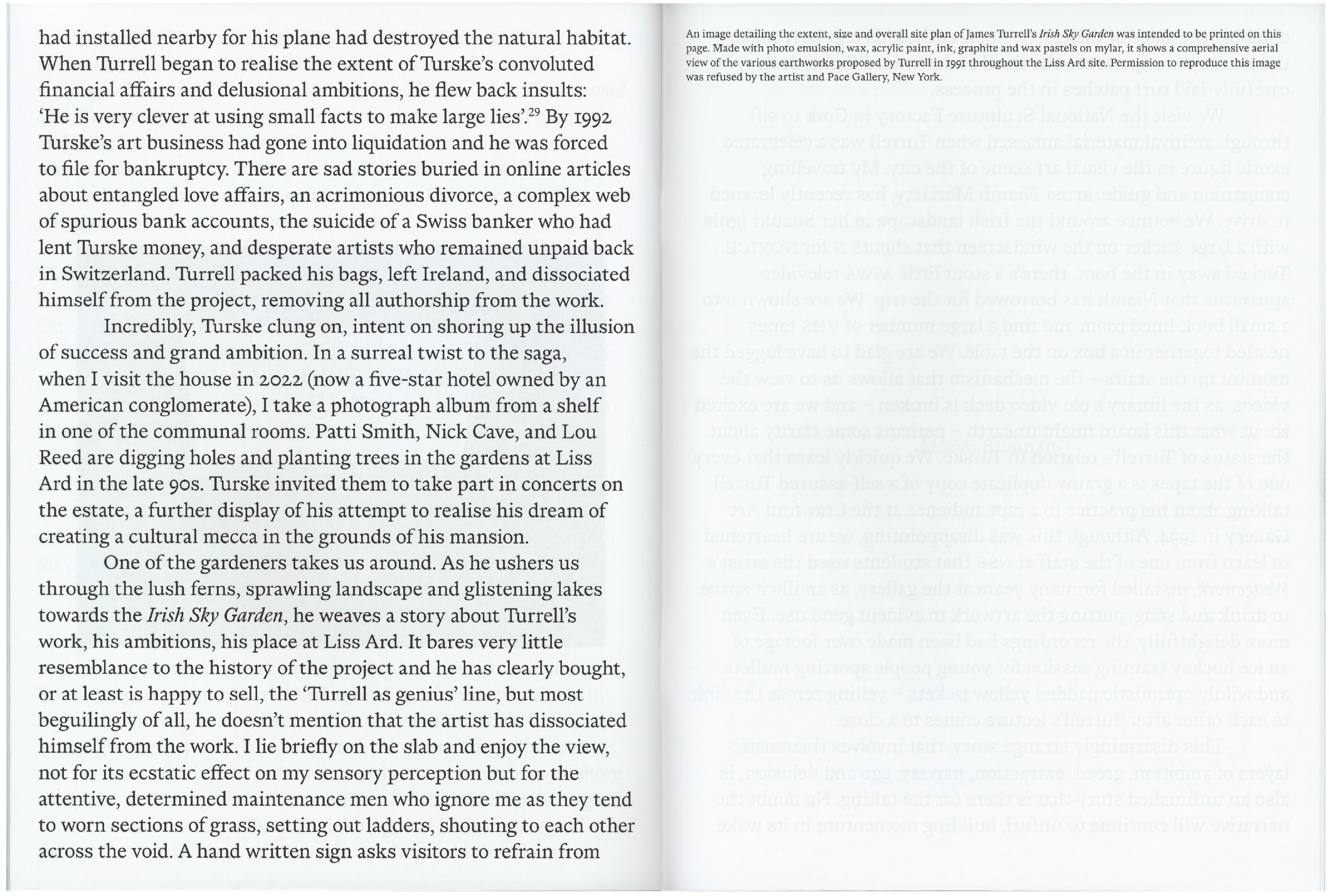 Two pages show text about James Turrell's Irish Sky Garden on the left, and a note on the right explaining a planned image of the artwork was denied reproduction.