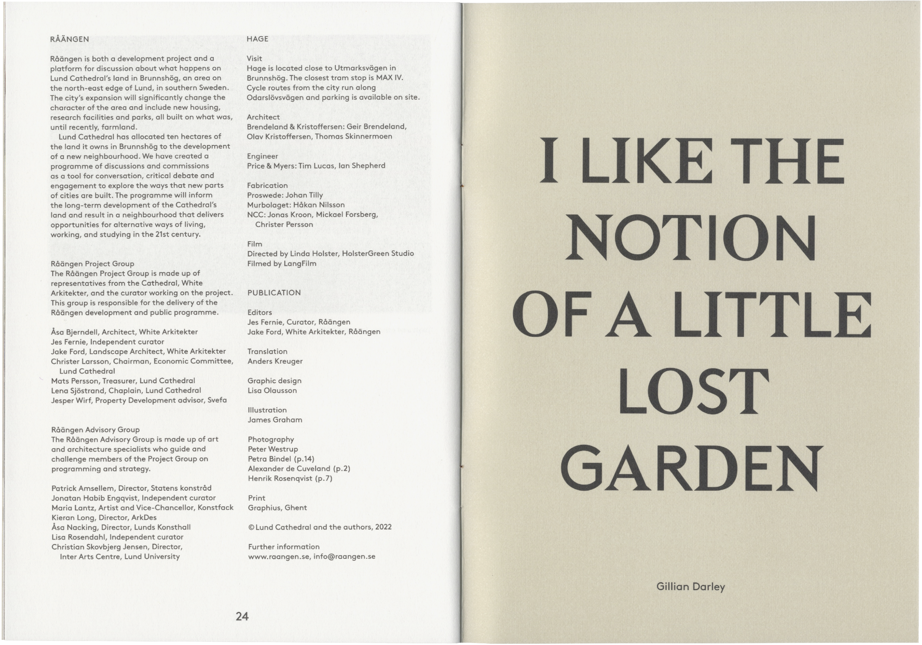 An open book showing two pages of text, with the right page featuring the large quote: "I LIKE THE NOTION OF A LITTLE LOST GARDEN" by Gillian Darley.