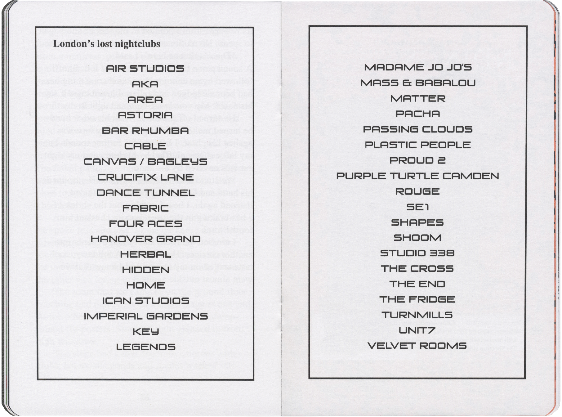 A two-page list titled "London's lost nightclubs," displaying names like AIR STUDIOS, FABRIC, PACHA, and THE CROSS.