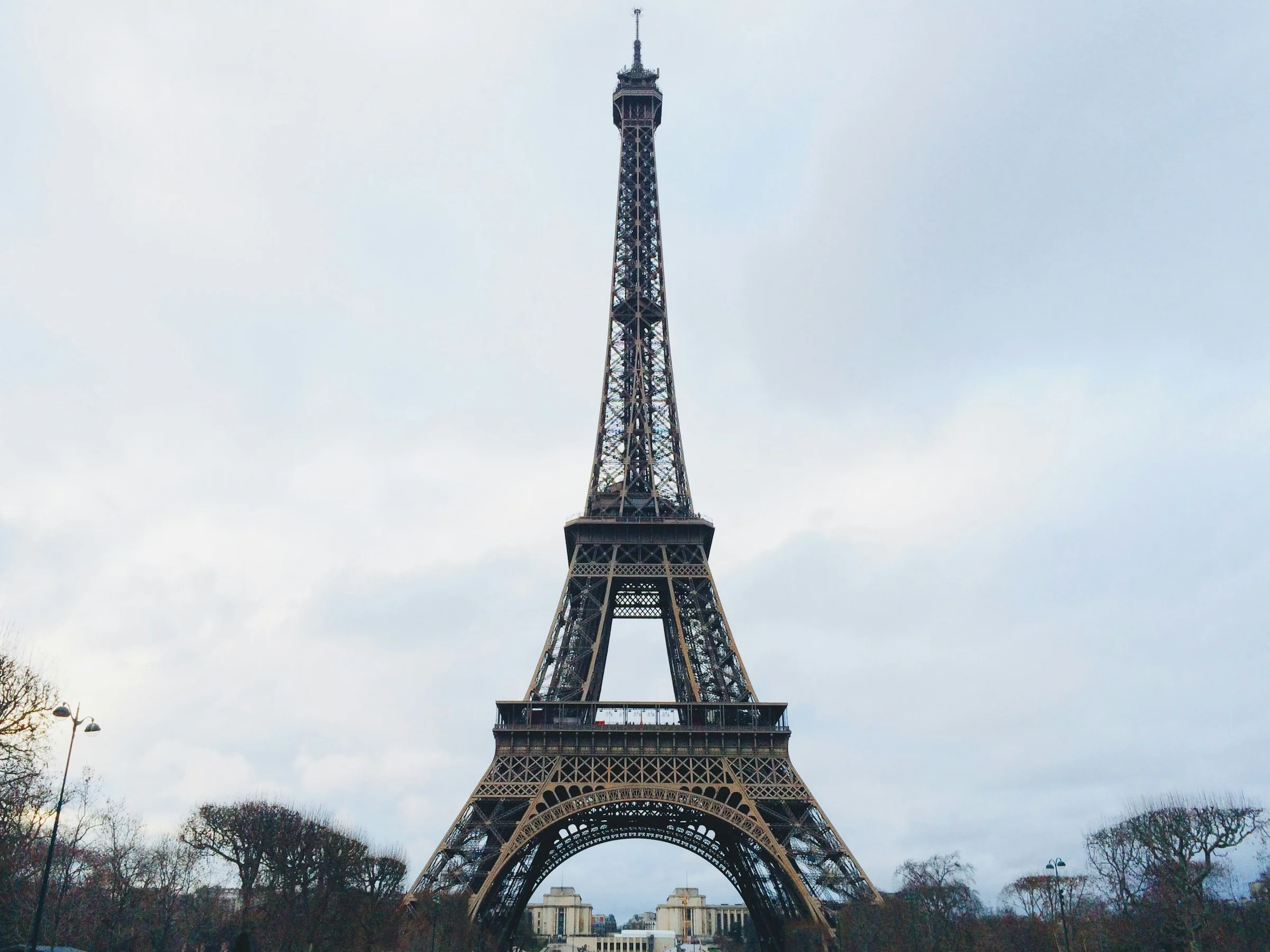 Menara Eiffel di Paris dengan pohon gundul dan langit berawan pucat musim dingin.