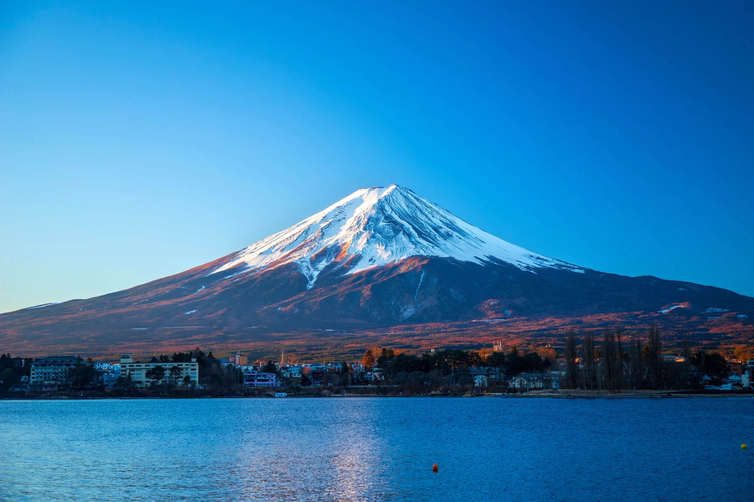 Gunung Fuji bersalju di atas Danau Kawaguchi dengan langit biru cerah