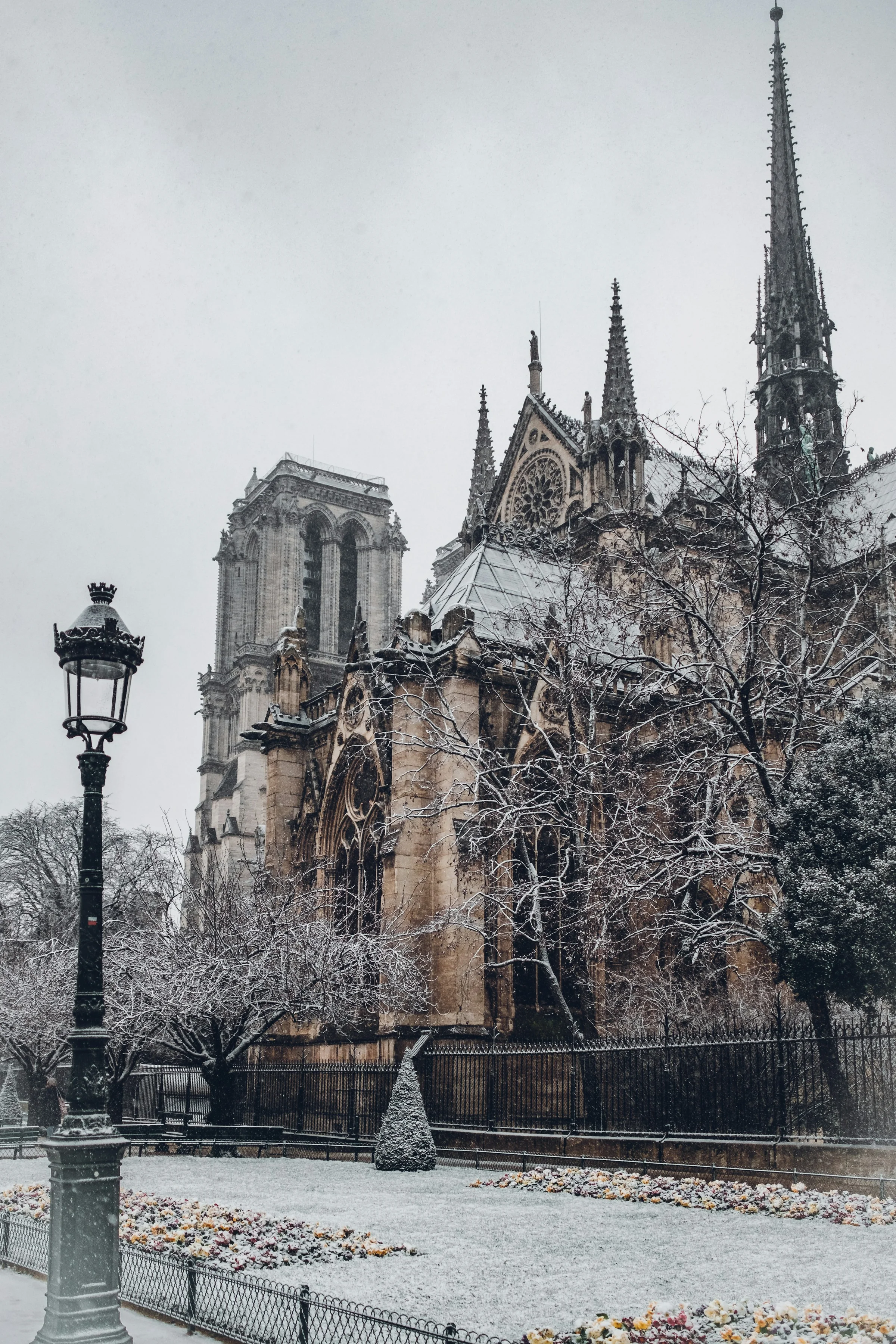 Sisi Katedral Notre-Dame Paris dengan lampu jalan klasik dan salju tipis.