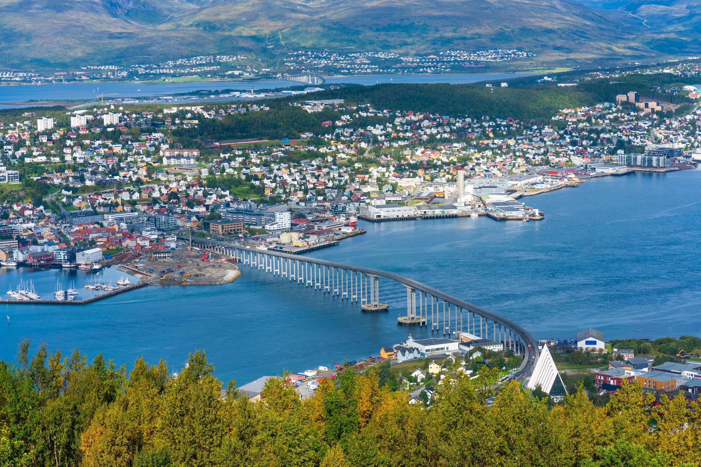 Panorama kota Tromso dan fjord dari ketinggian dengan dedaunan musim gugur di latar depan