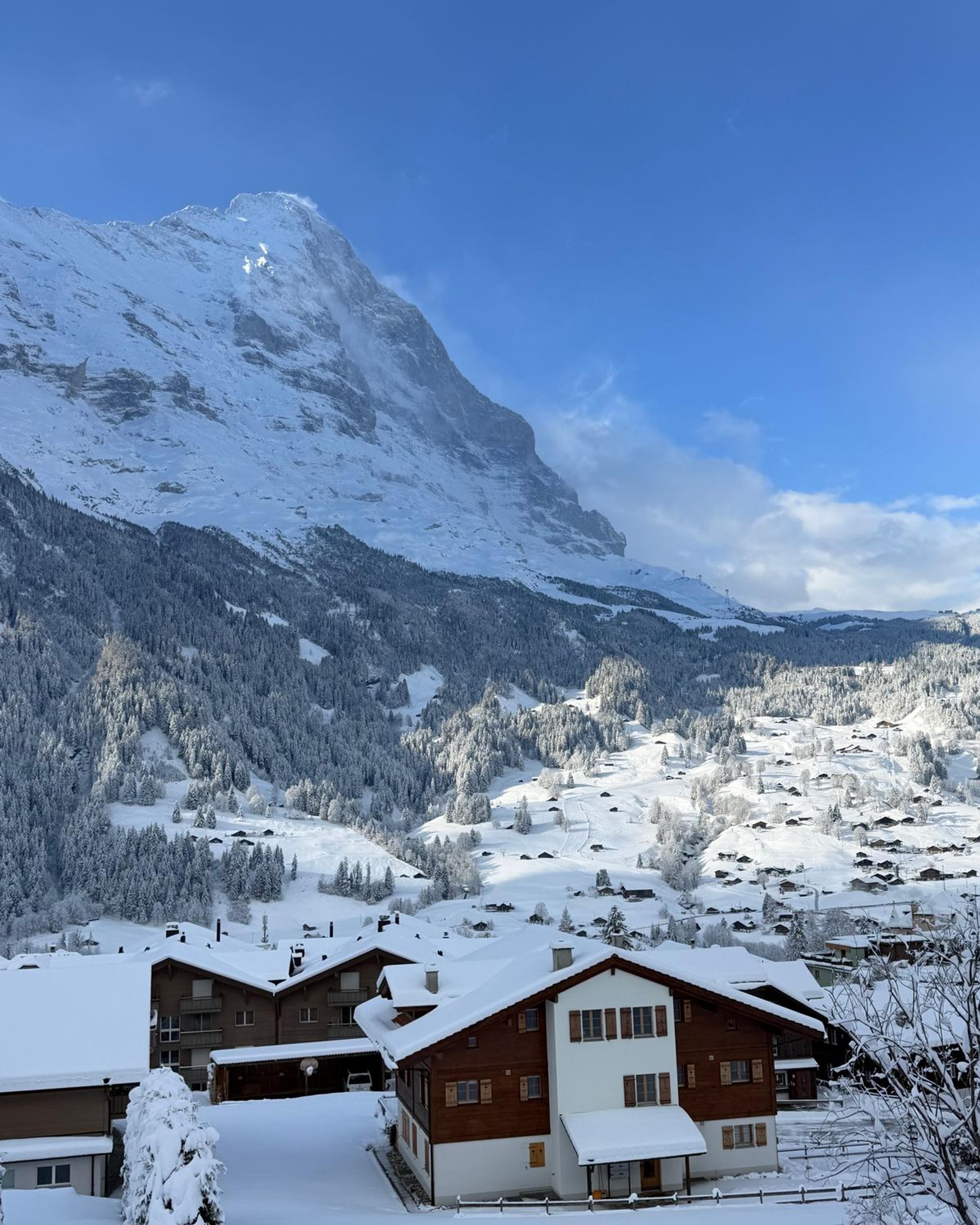 Desa Grindelwald bersalju dengan chalet kayu dan tebing Eiger di Swiss
