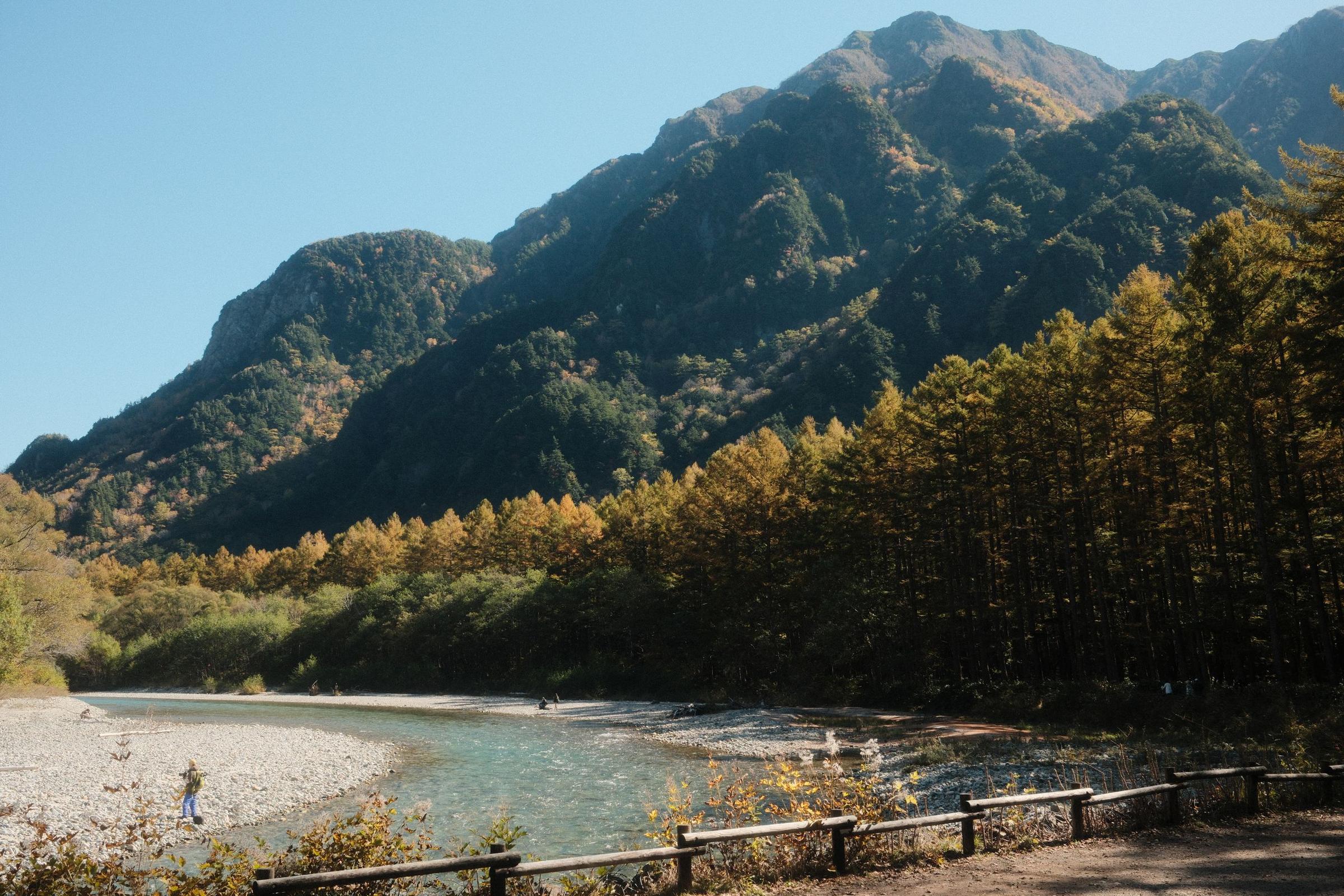 Lembah Kamikochi dengan sungai dan hutan larch musim gugur