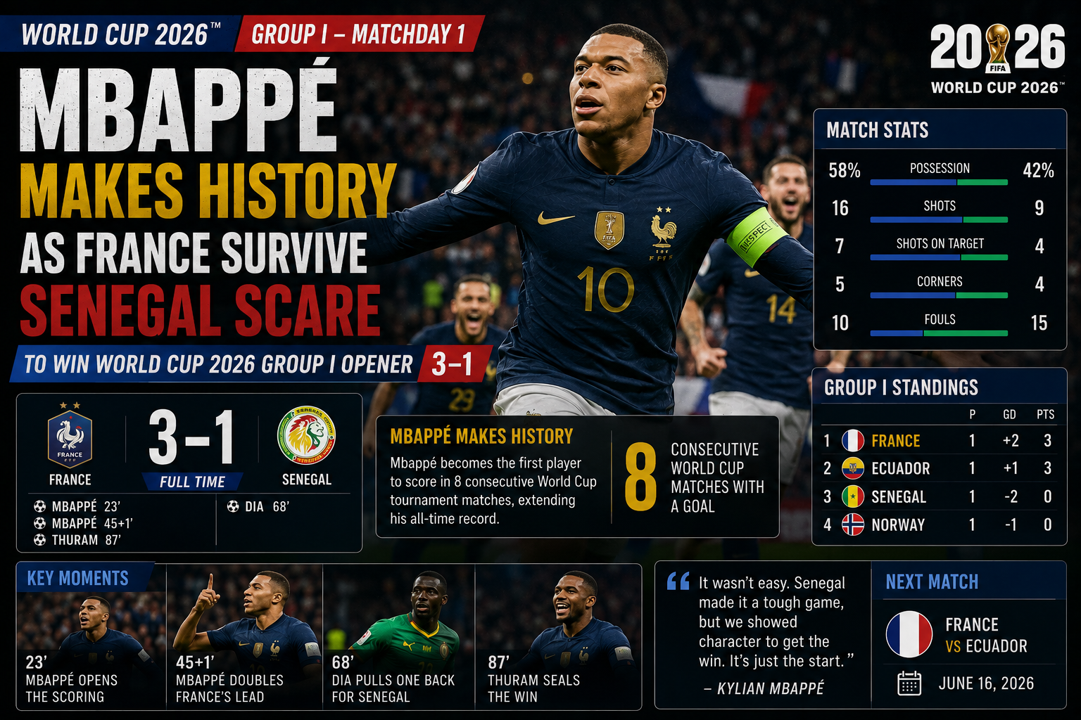 Mbappé Makes History as France Survive Senegal Scare to Win World Cup 2026 Group I Opener 3–1