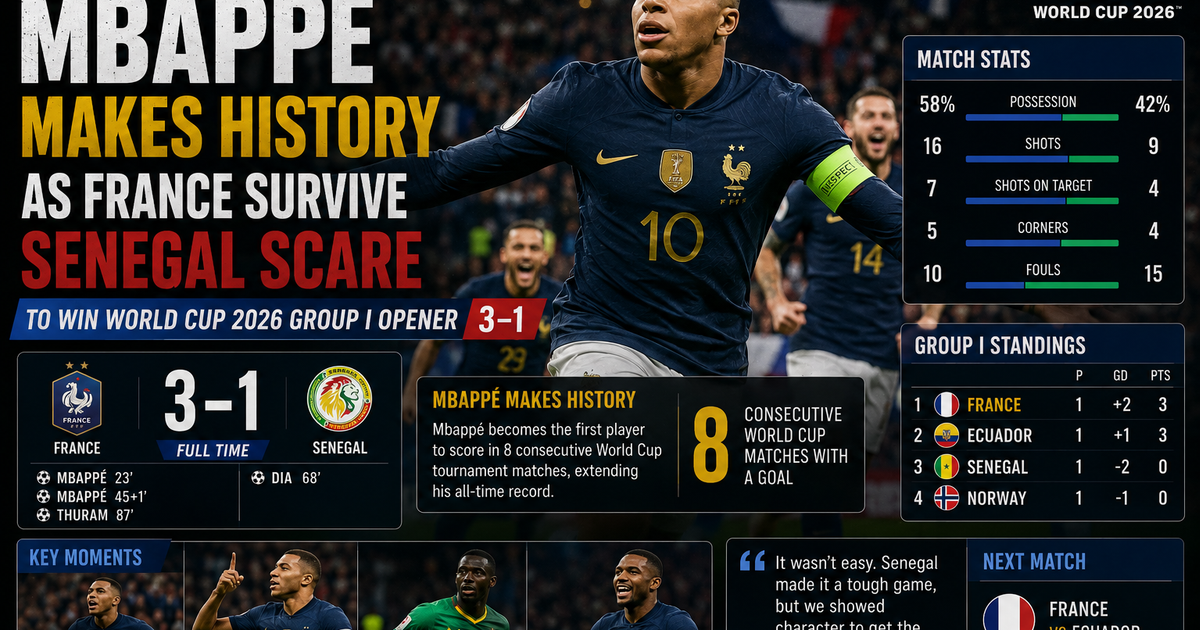 Mbappé Makes History as France Survive Senegal Scare to Win World Cup 2026 Group I Opener 3–1