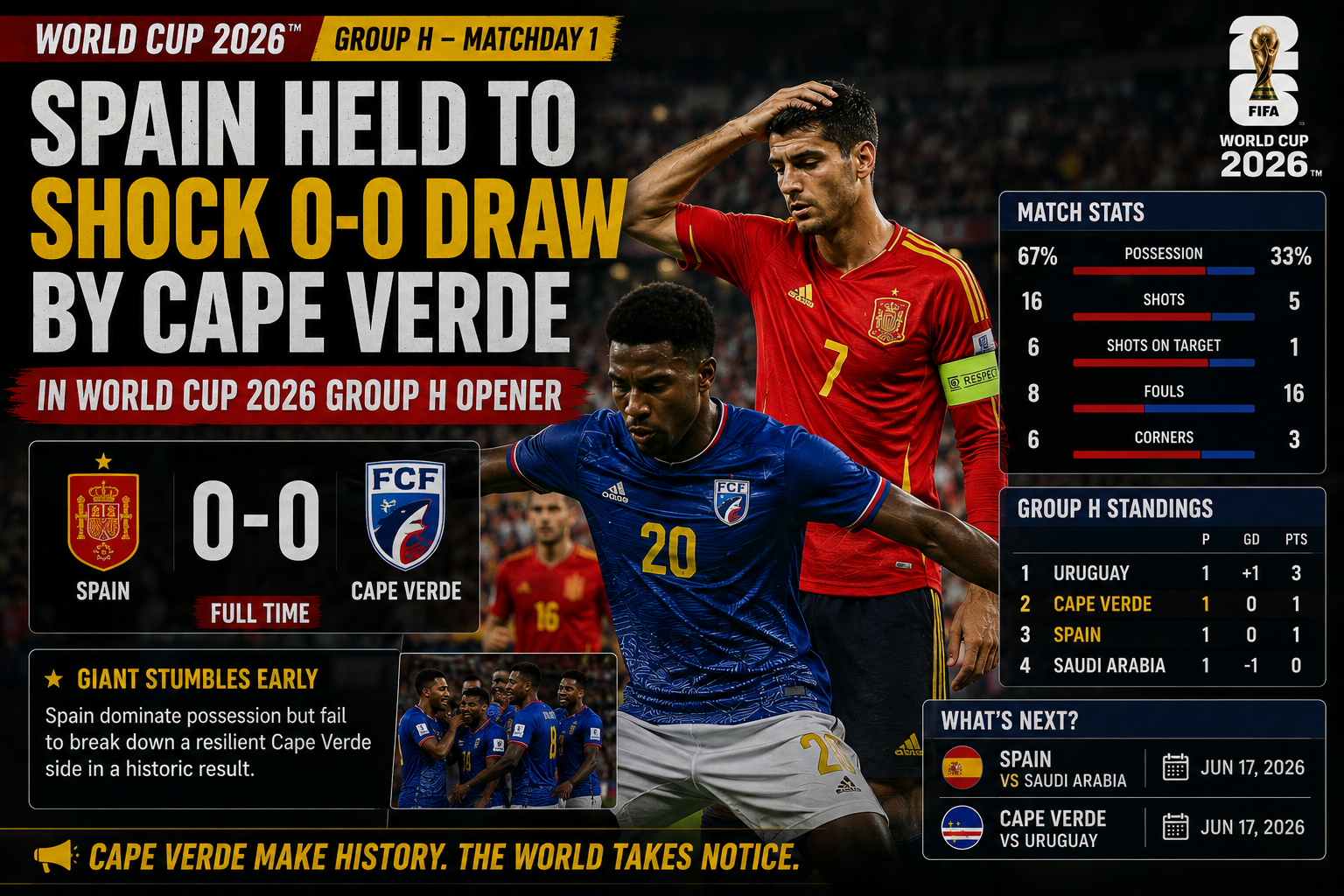 Spain Held to Shock 0-0 Draw by Cape Verde in World Cup 2026 Group H Opener