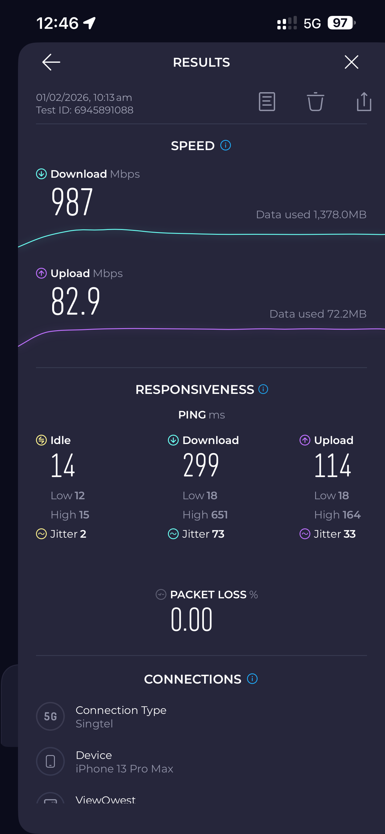 SIM Speed Test with Singtel in Singapore with 987Mbps - Max was 1Gbps