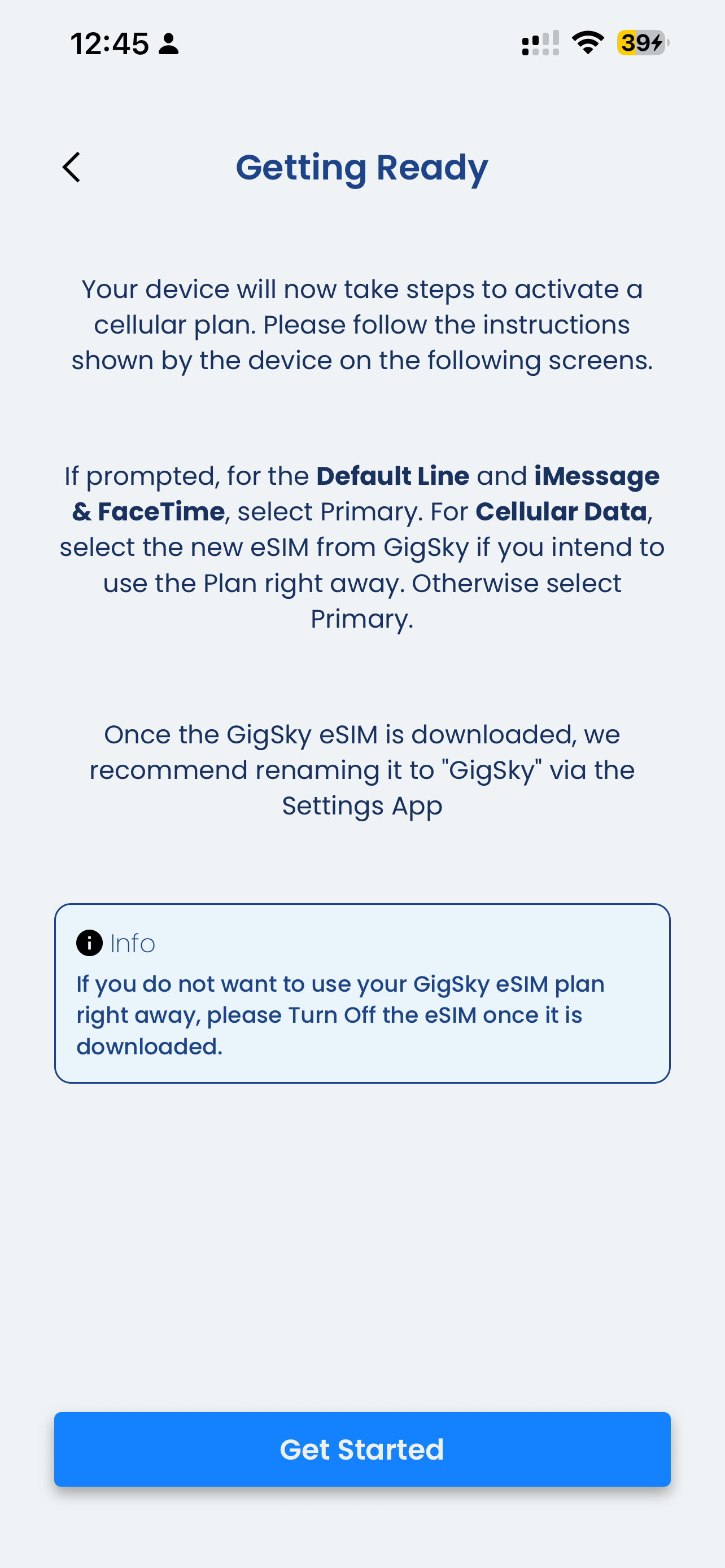 Begin GigSky eSIM installation