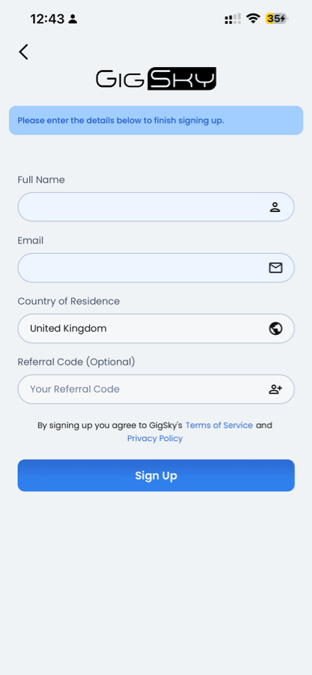 GigSky Sign Up