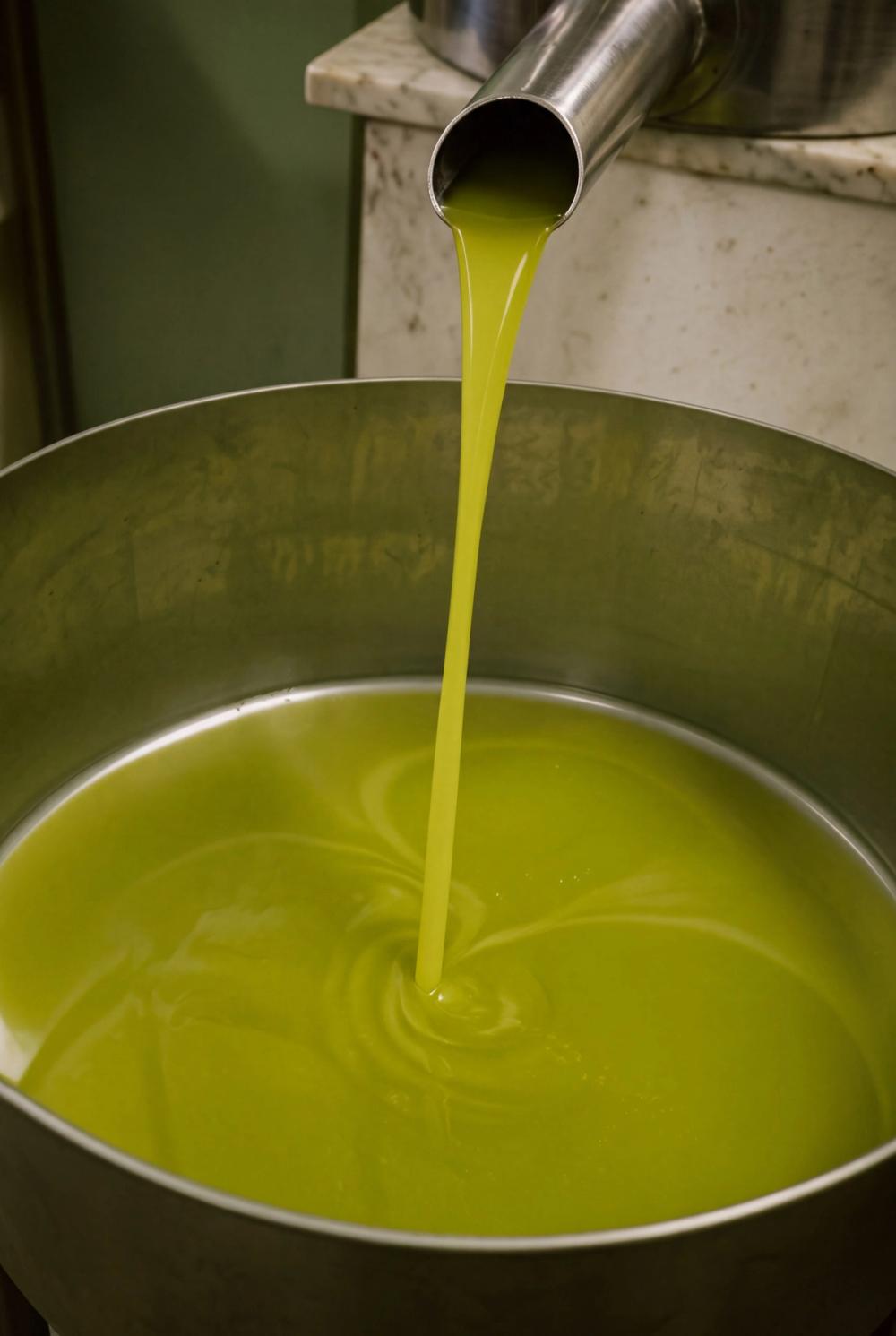 The new oil, thick and green, swirling as it lands in the tank