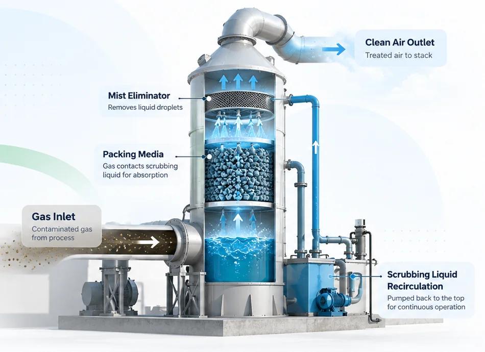 Wet scrubber diagram showing gas inlet, packing media, mist eliminator, clean air outlet and scrubbing liquid recirculation