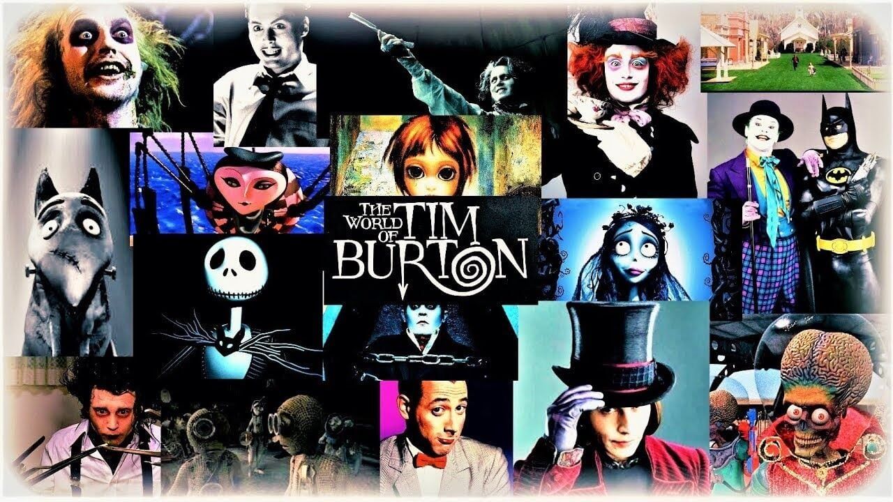 Collage of Tim Burton character's from a variety of his films.