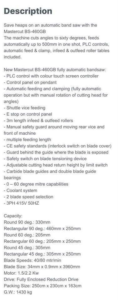 Mastercut BS-460GB Fully Automatic Bandsaw — photo 10