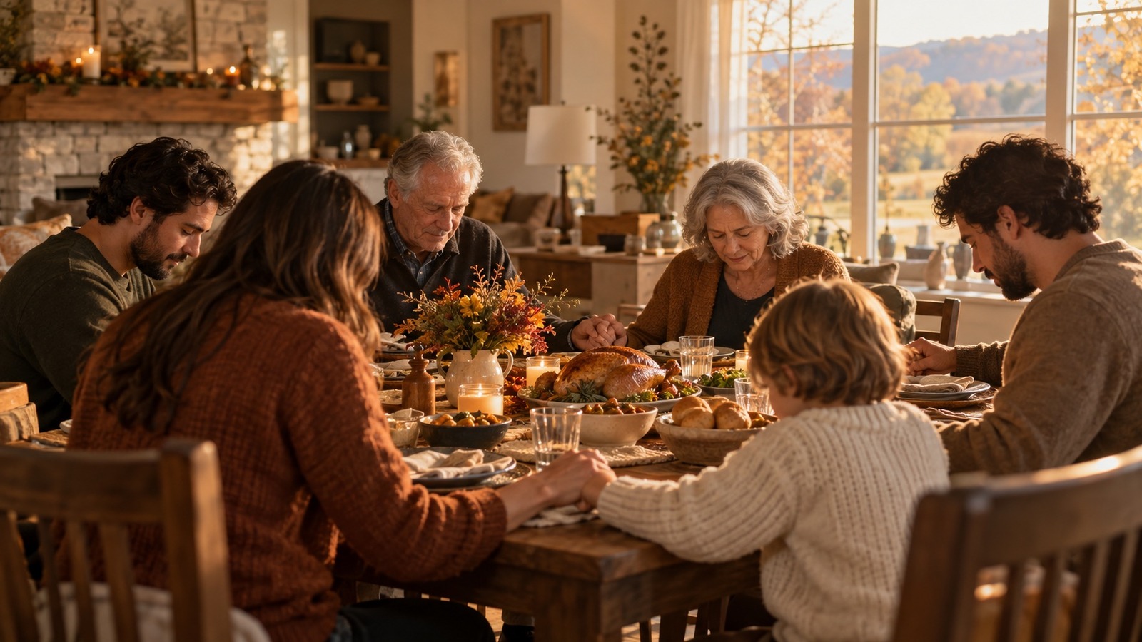 Family sharing a Christian Thanksgiving prayer before a meal