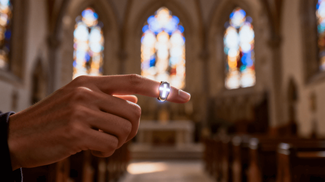 Anillo wearable cristiano usado como recordatorio de oración en un entorno de iglesia