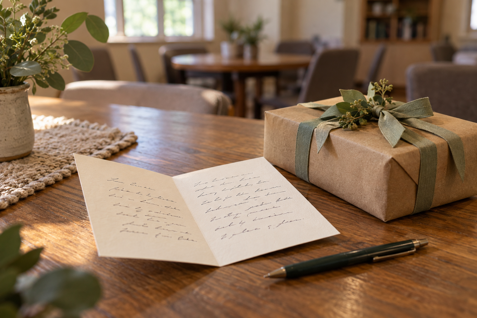 Handwritten pastor appreciation card beside a wrapped gift