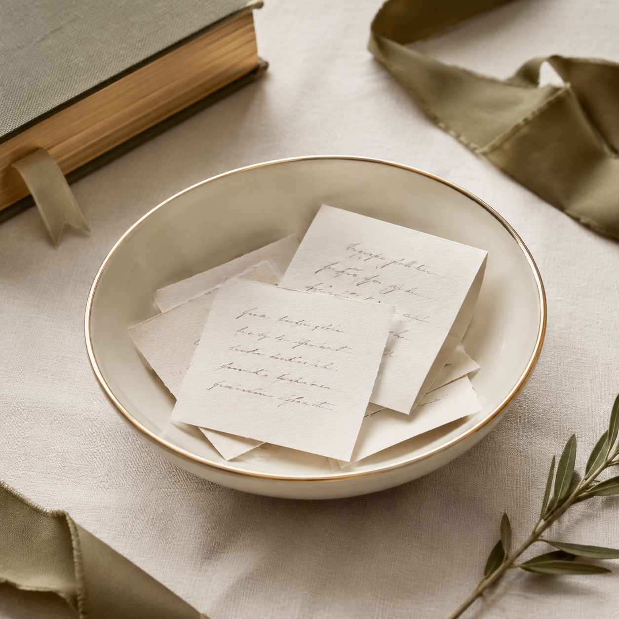 Porcelain prayer bowl holding handwritten prayer cards