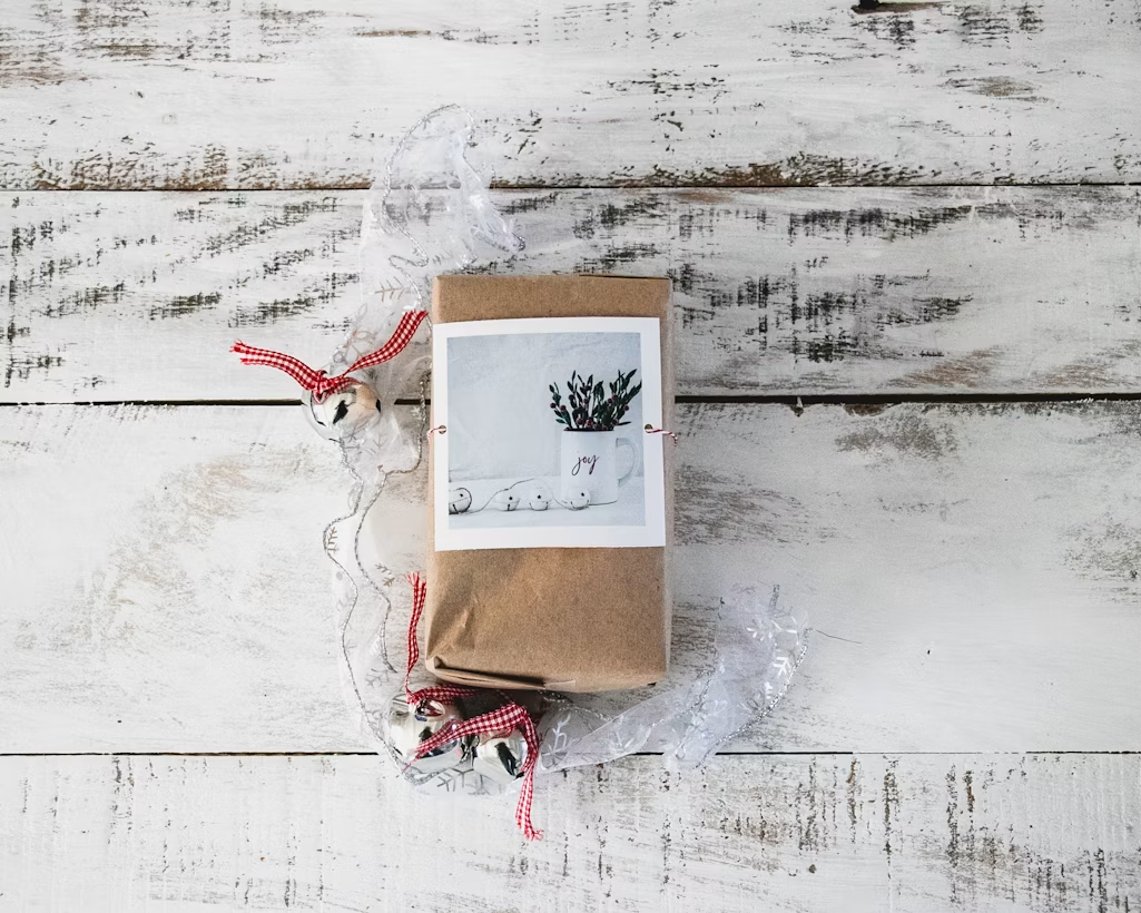 A simple wrapped Christmas gift with a small card