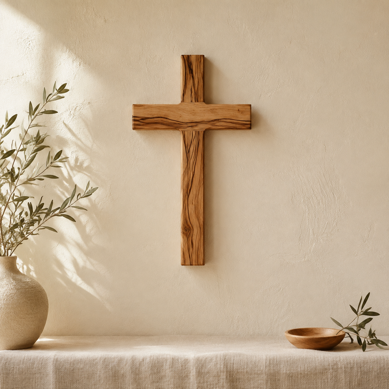 Simple olive-wood Christian cross displayed on a wall