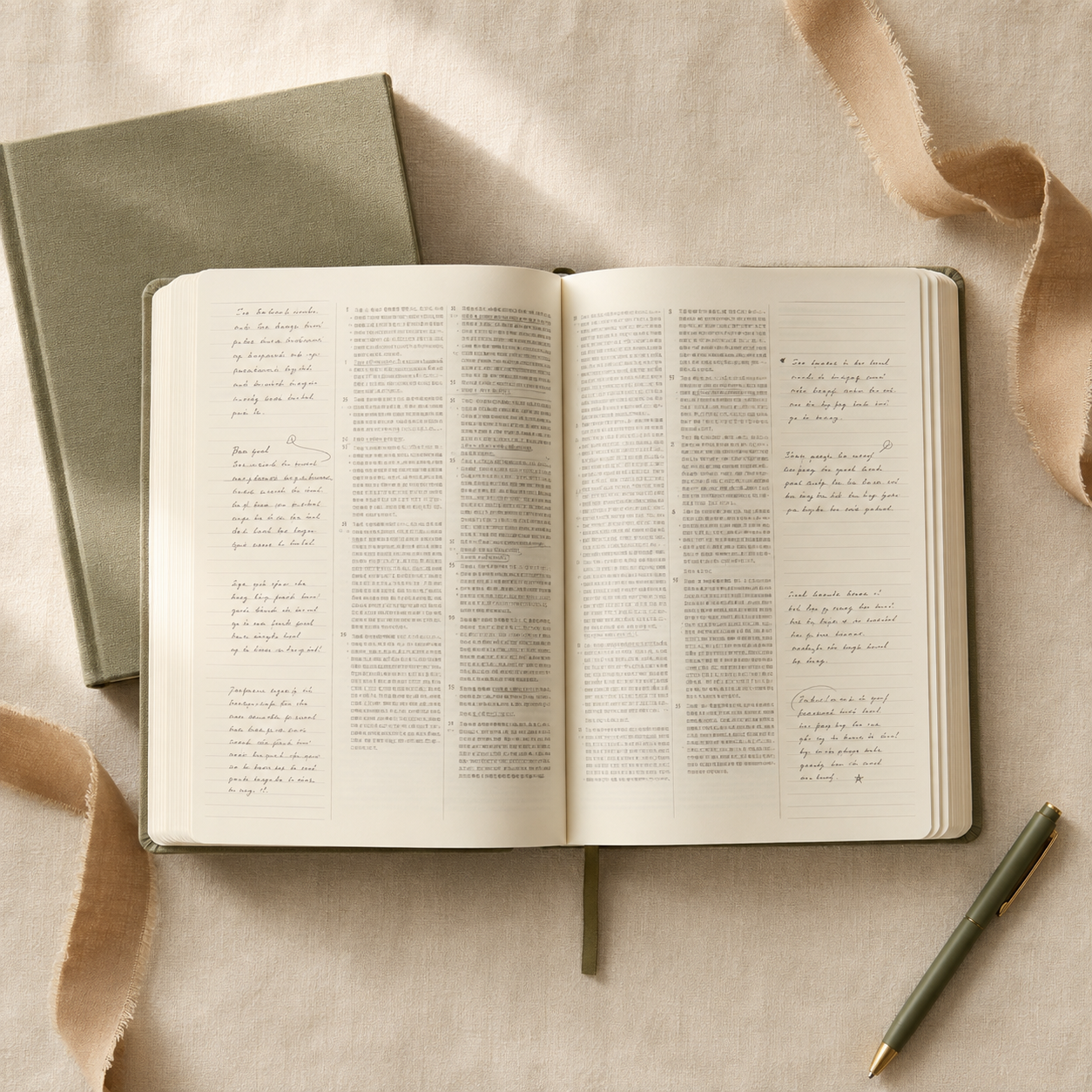Open journaling Bible with wide note-taking margins