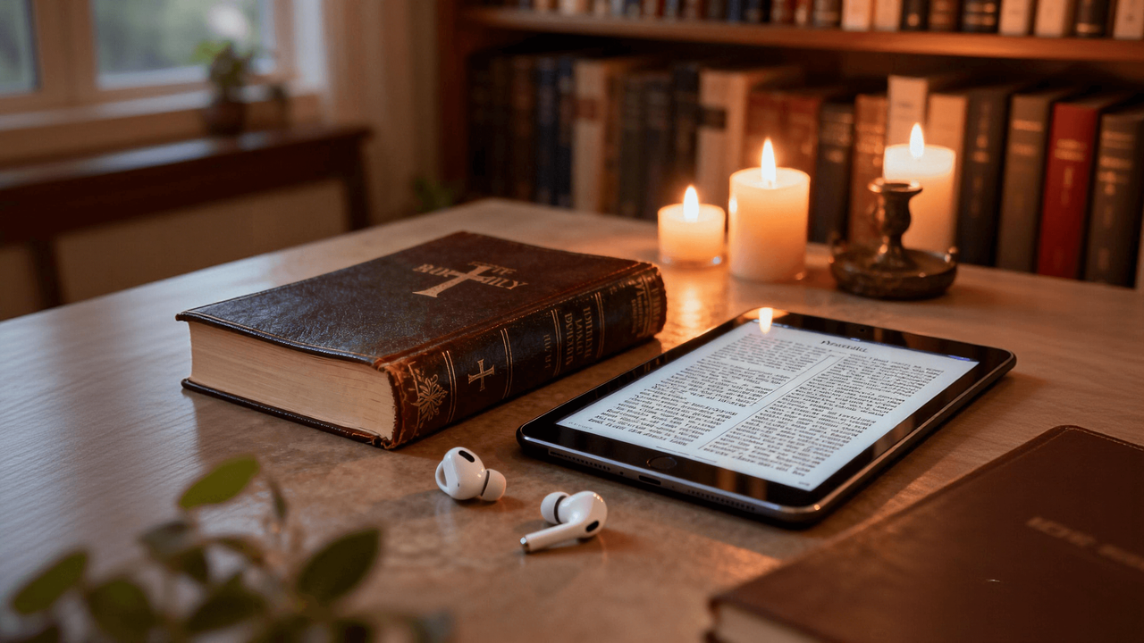 Biblia y tablet mostrando la lectura digital de la Escritura como ejemplo de FaithTech
