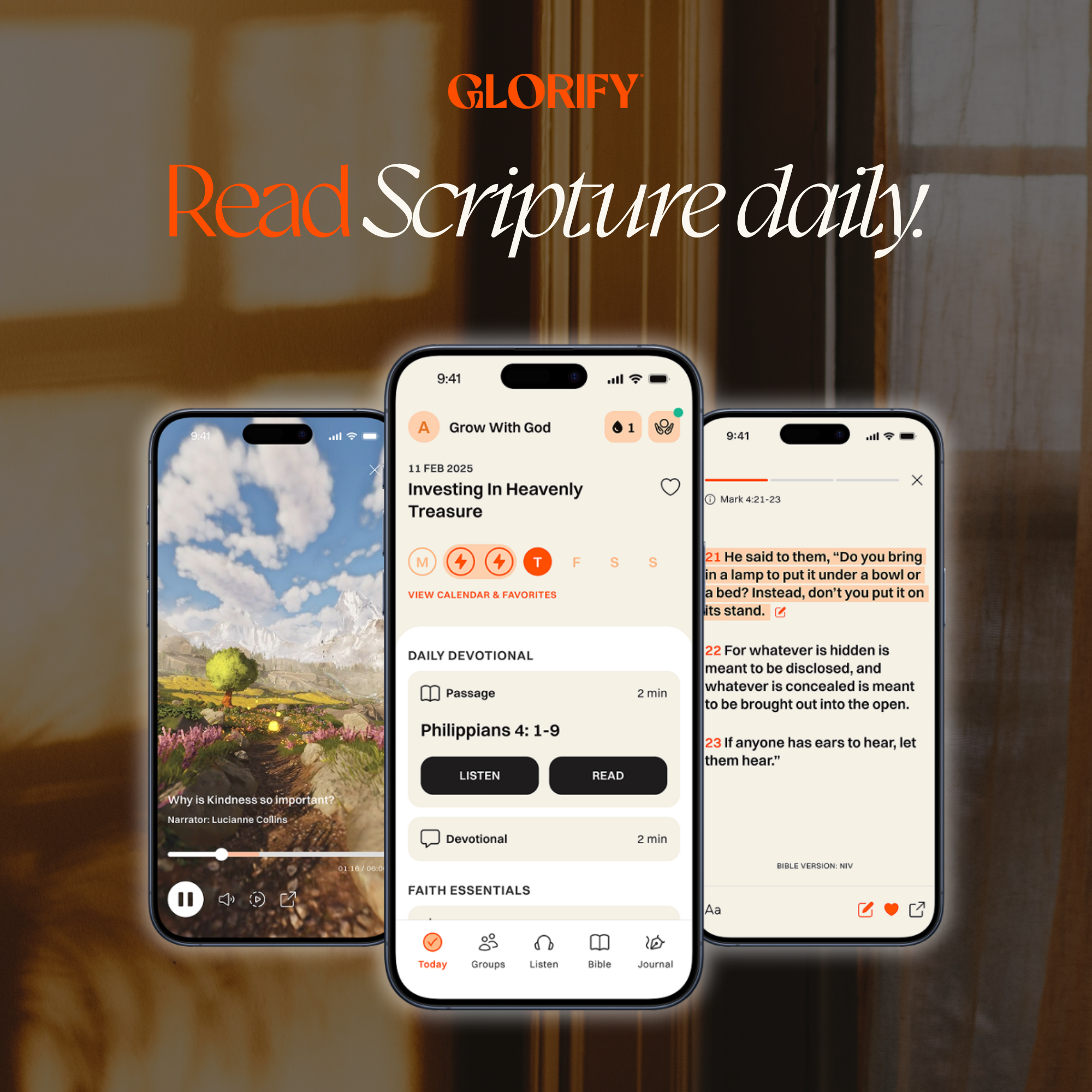 Glorify app screens showing daily Scripture, devotional, and Bible reading features
