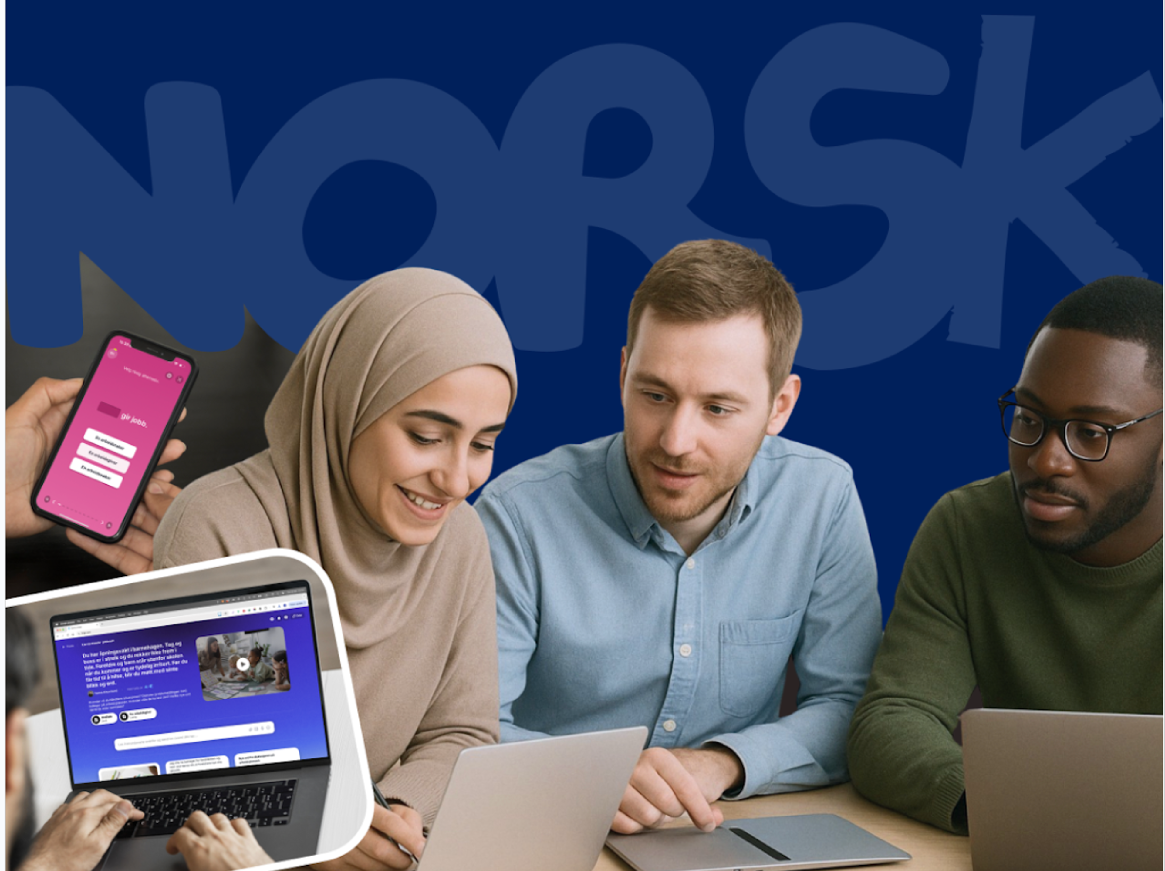 Tre unge voksne samarbeider rundt bærbare PC-er, med digitale grensesnitt og ordet «NORSK» i bakgrunnen.