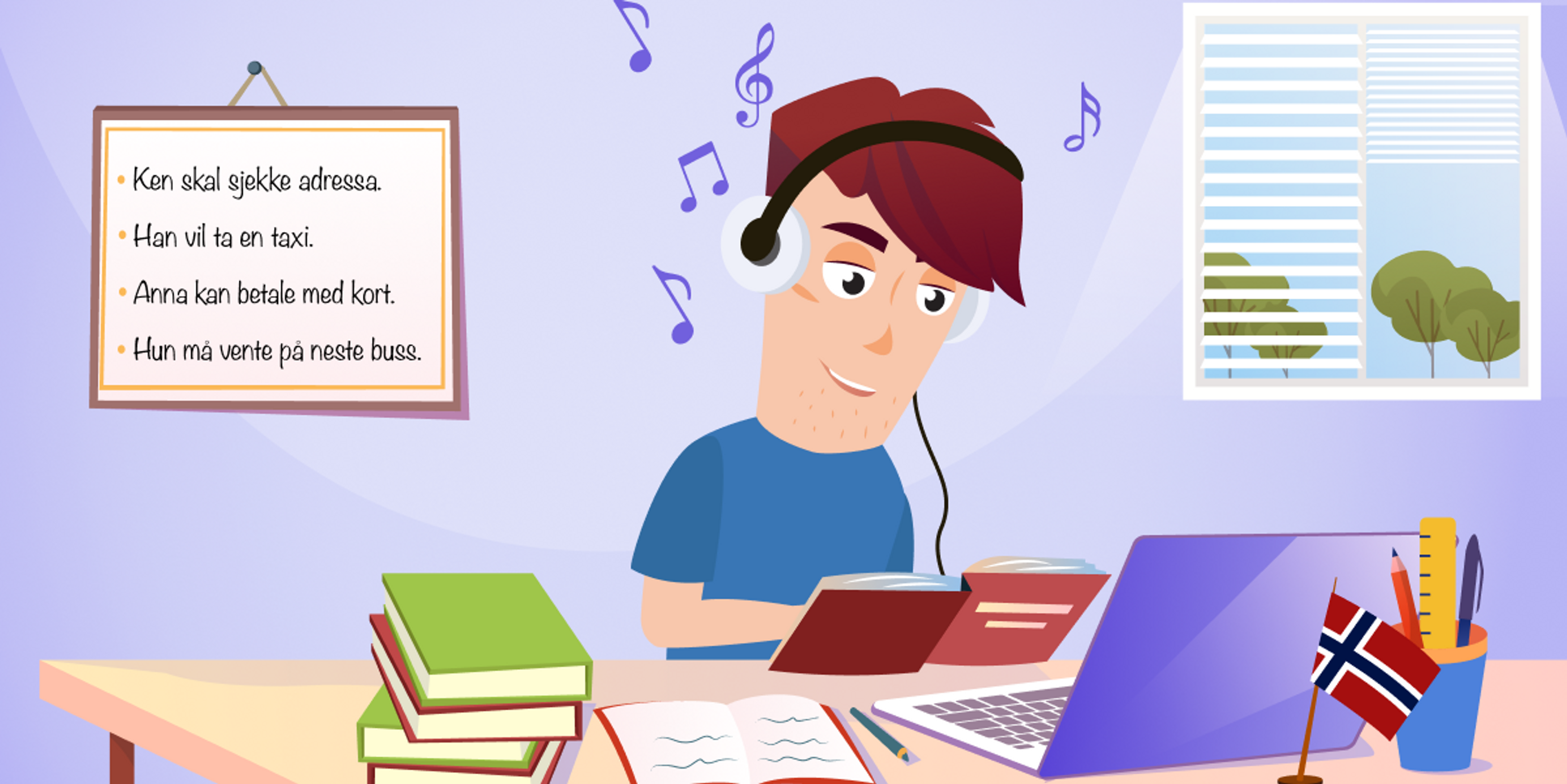 Illustrasjon fra Lingu: Gutt som har headset og jobber foran en PC.